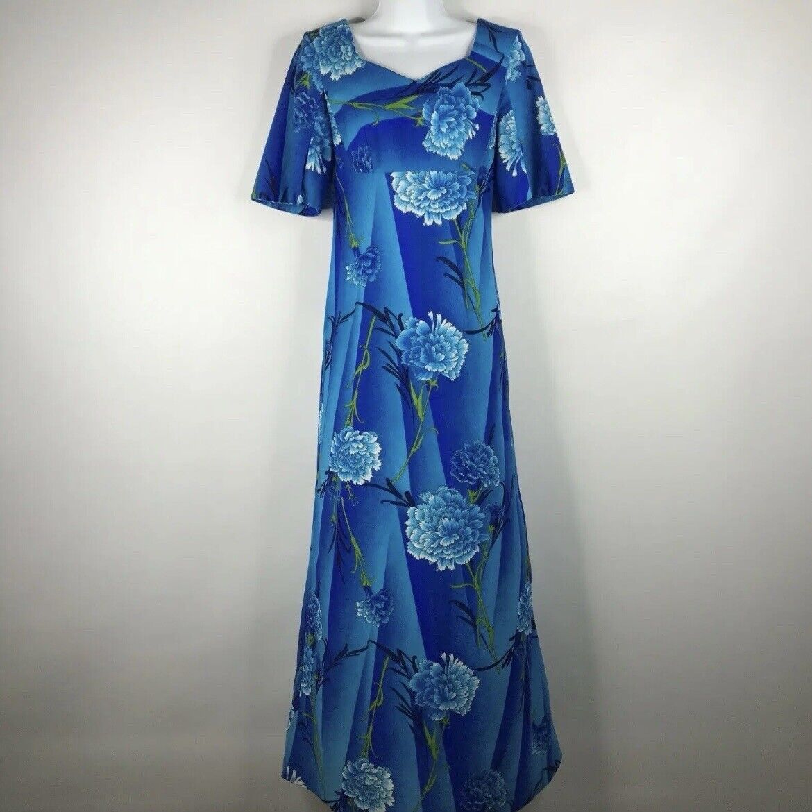 image of Vintage 60S Kimo's Blue Floral Hawaiian Maxi Hostess Dress, Women's (Size XS)