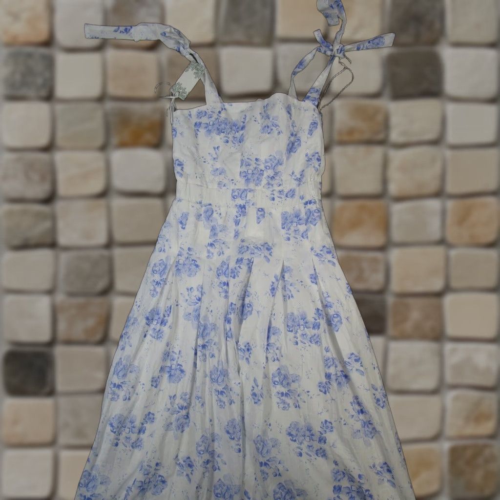 Hyacinth House Dress Womens Xxs White Blie Floral Cotton Blouson