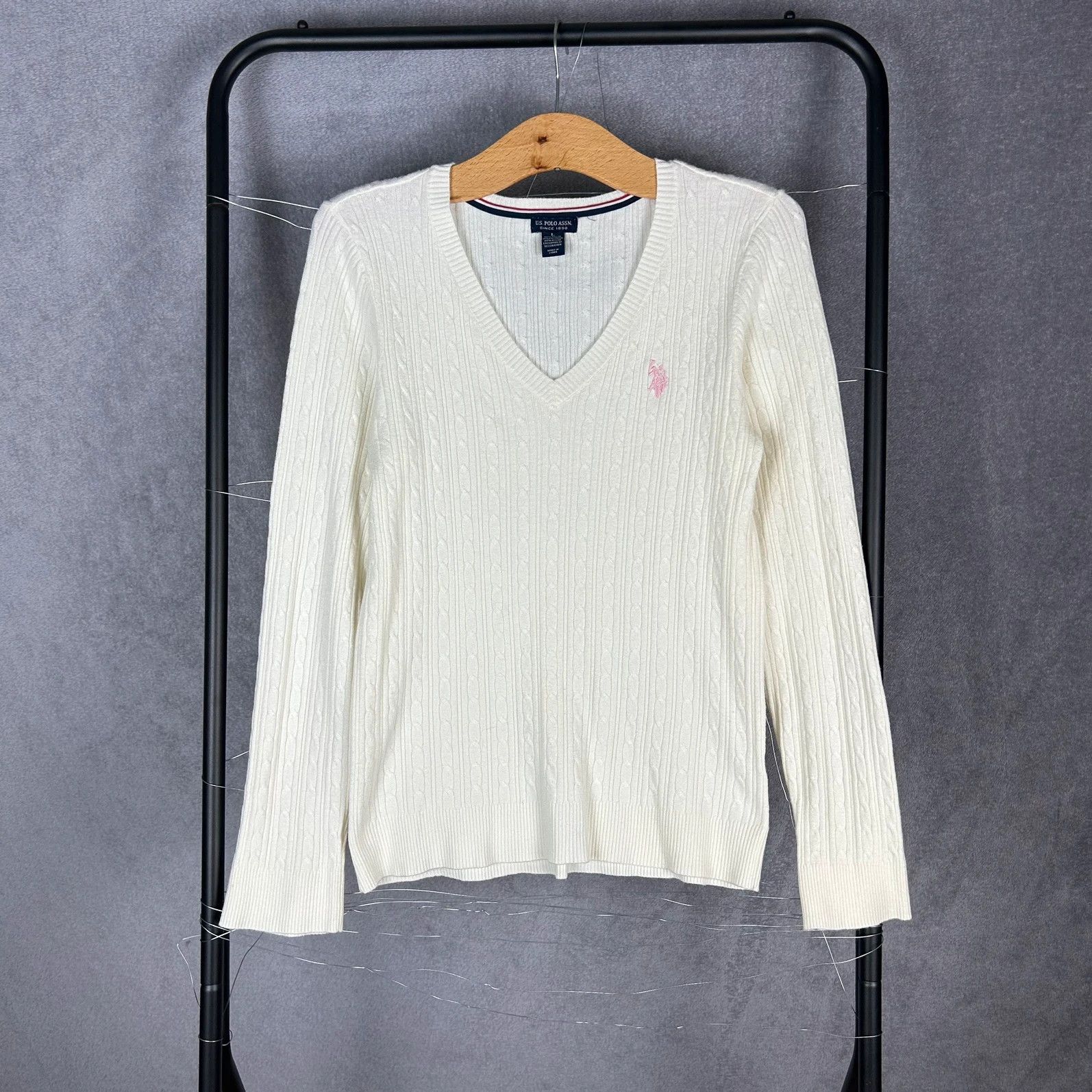 Designer × U.S. Polo Assn. US Polo Assn.knitwear sweater cream mini logo pony v neck Size L / US 10 / IT 46 - 1 Thumbnail