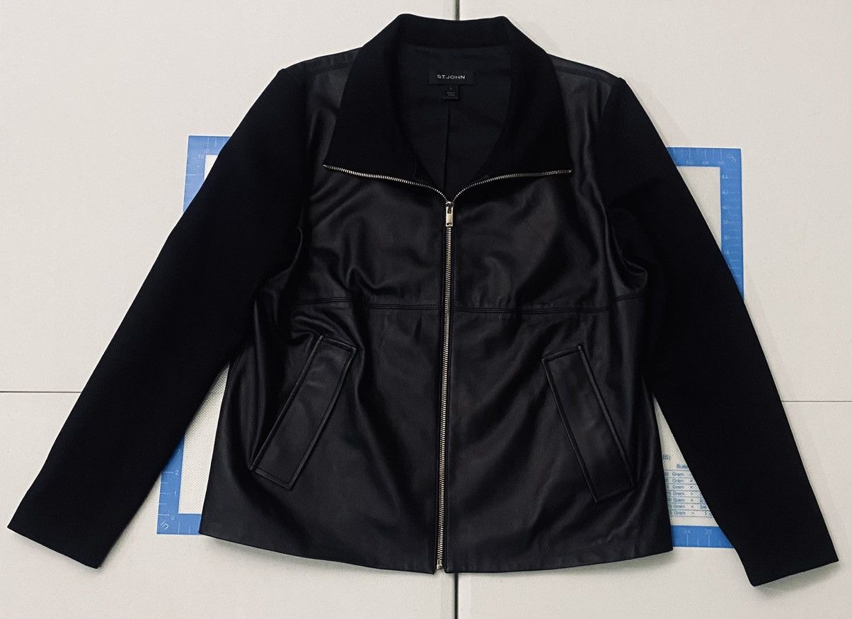 St. John St. John Black Napa Leather Funnel Neck Jacket Lg Size L / US 10 / IT 46 - 1 Thumbnail