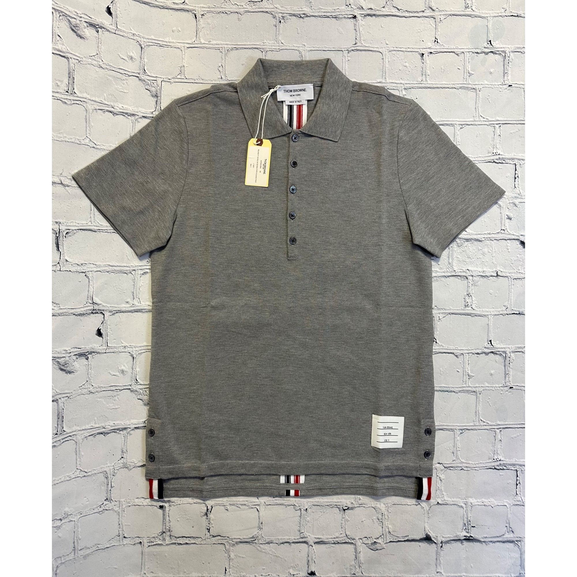 image of Thom Browne New York Relaxed Fit Ss Polo W/ Cb Rwb Stripe In in Lt Grey, Men's (Size XS)