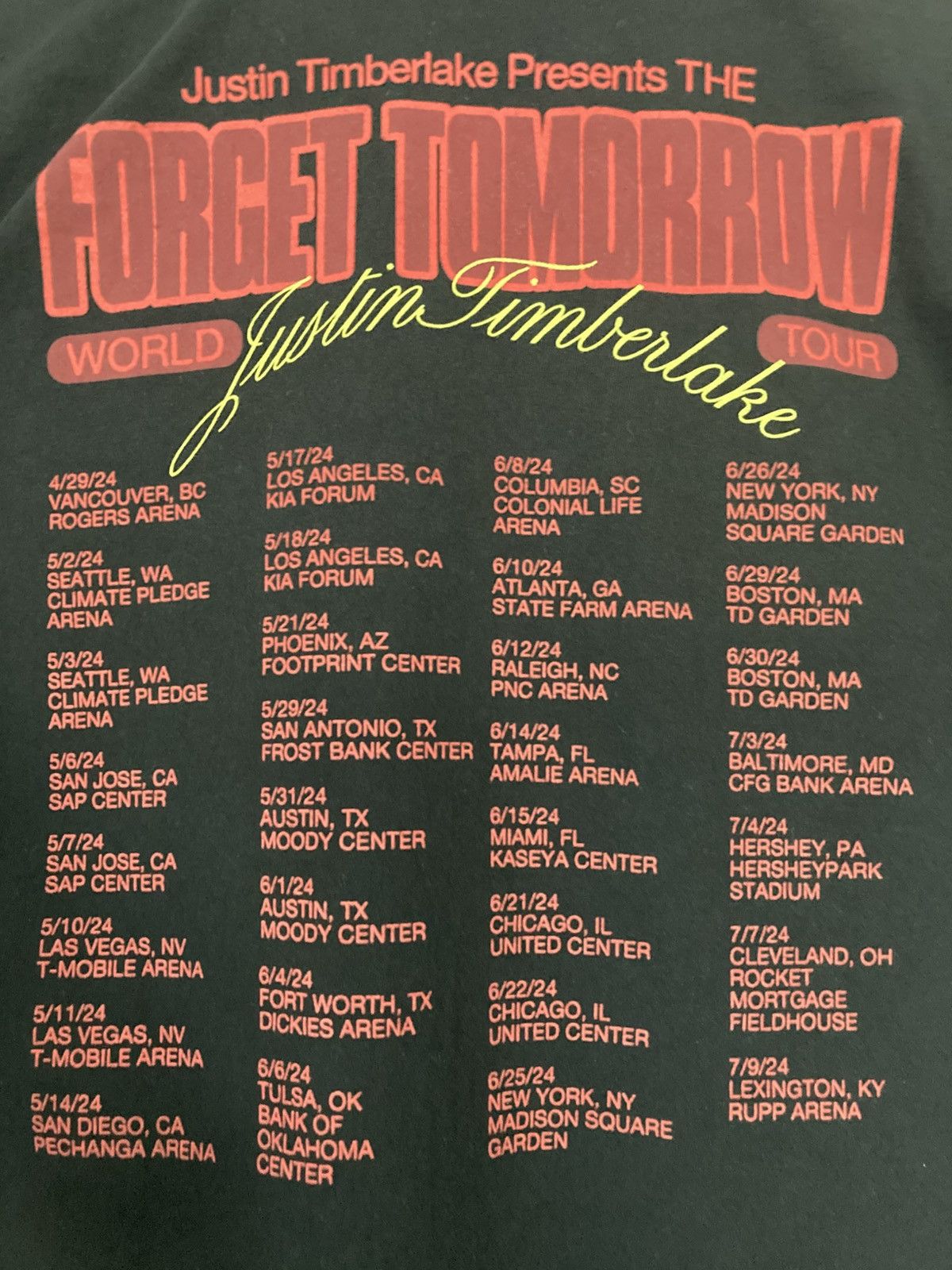 Other JUSTIN TIMBERLAKE THE FORGET TOMORROW WORLD TOUR 2024 SHIRT Size US M / EU 48-50 / 2 - 4 Thumbnail