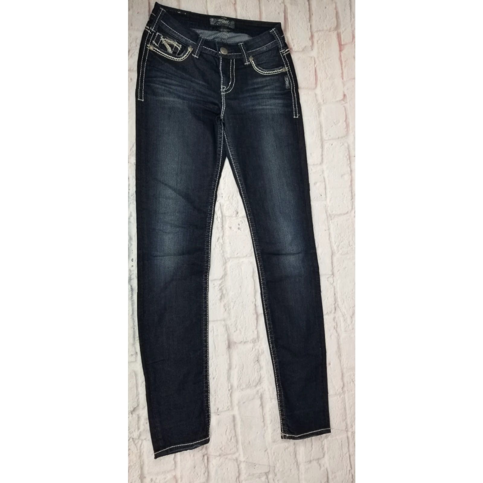 Silver Jeans Co. VINTAGE Silver Jeans Junior Teens 27 x 30 Suki Super Skinny Dark Wash Denim Embroilered Size 27" / US 4 / IT 40 - 3 Thumbnail
