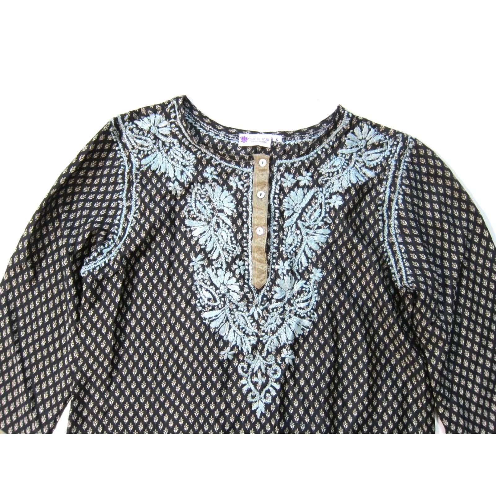 Vintage Sevya Silk Black Blouse S Women's Shirt Blouse Long Sleeve Embroidered Floral Tunic Kurta Black S Womens Size S / US 4 / IT 40 - 3 Thumbnail