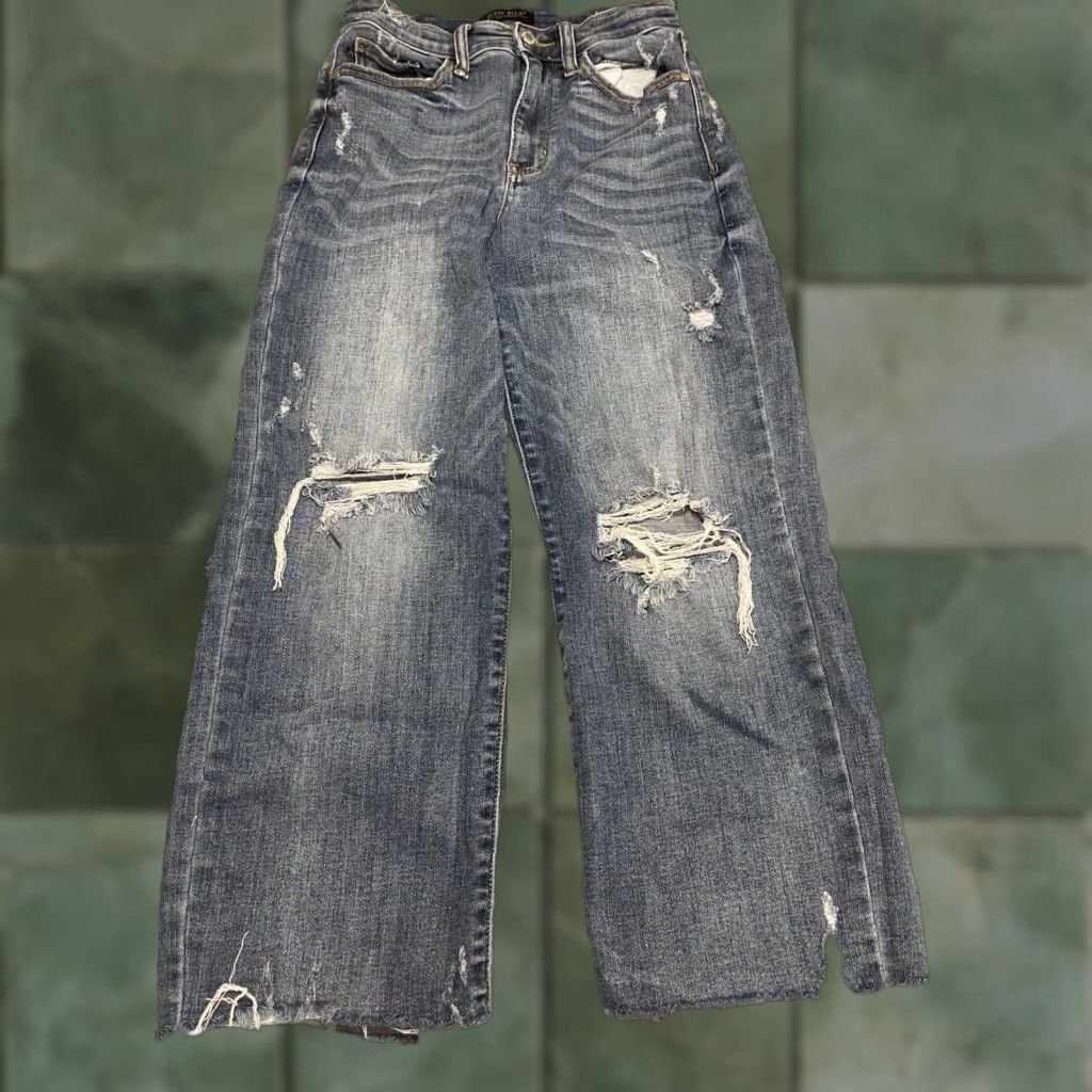 Denime Judy Blue Women's Wide Leg Cropped Distressed Jeans, Size 25, Blue, City Theme Size 42" / US 20 - 1 Thumbnail