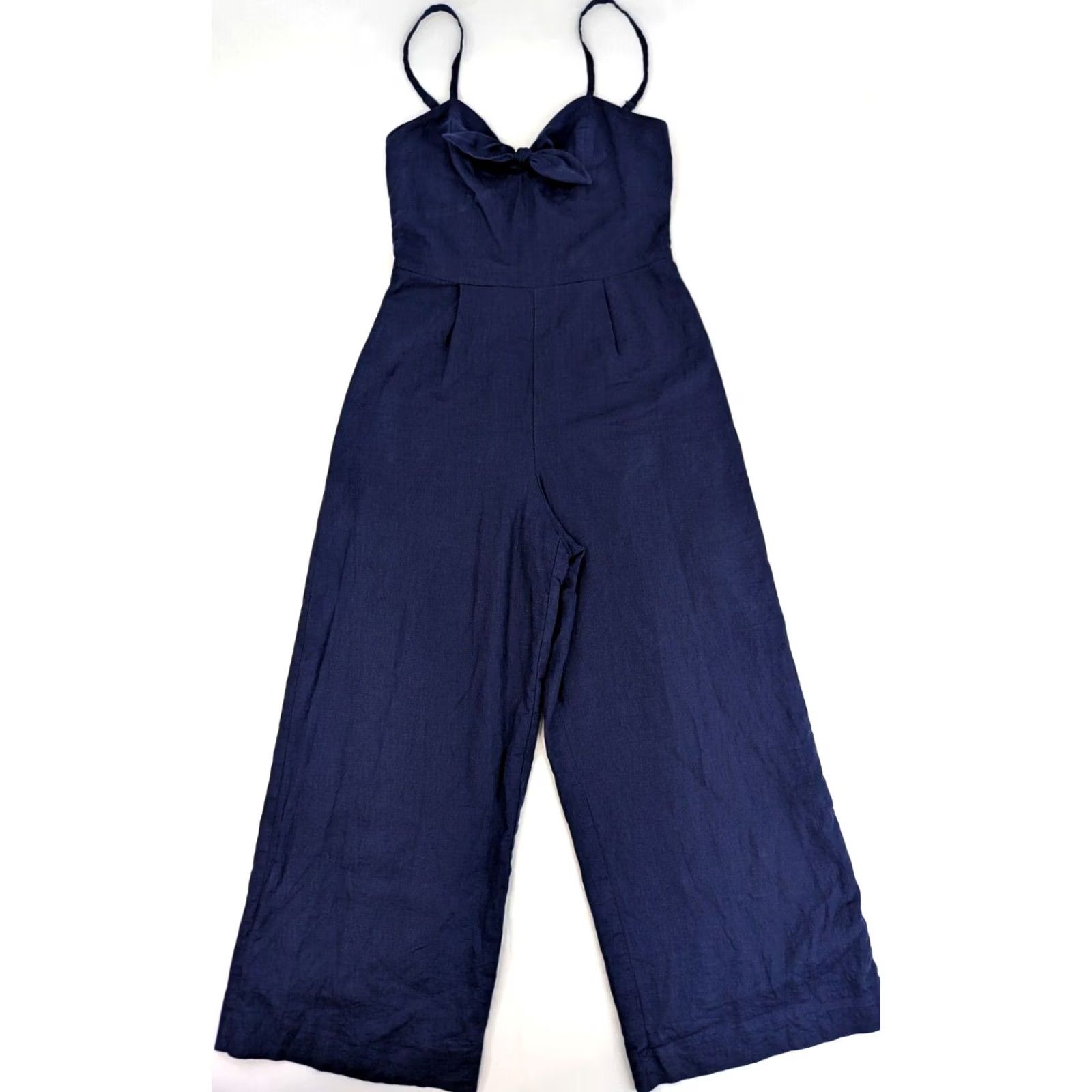 J.Crew J.CREW Linen Blend Sleeveless Jumpsuit Navy Blue 0 Women Adults Wide-Leg Inseam 24 in Bow Accent Shirt/One-Piece Size 25" / US 0 / IT 36 - 2 Thumbnail