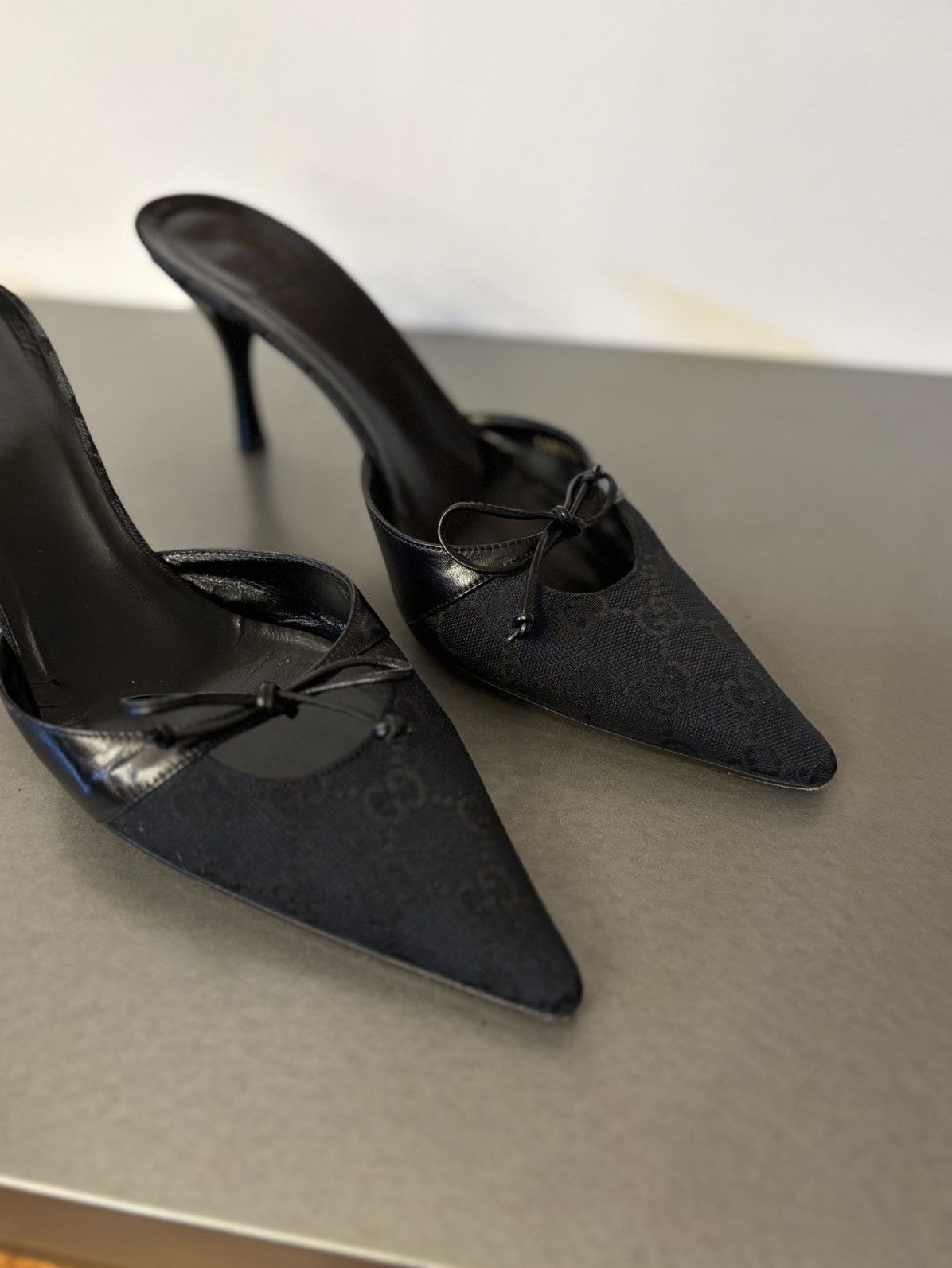 Gucci Black monogram mules grommet accents decorative leather bow Size US 8.5 / IT 38.5 - 7 Thumbnail
