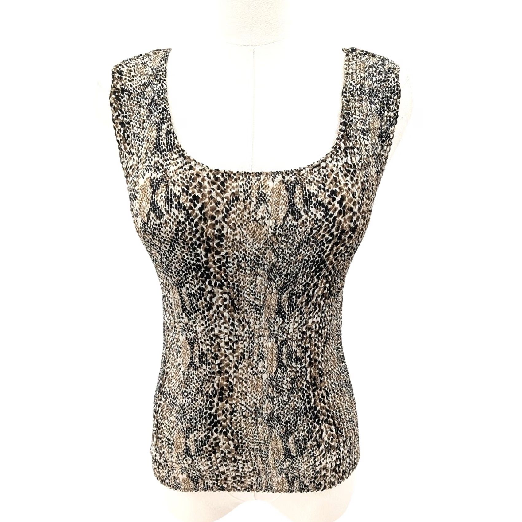 Vintage Nicola Animal Print Smocked Tank Top Fitted Stretch Neutral Leopard Cami S Womens Tank S Brown Size S / US 4 / IT 40 - 2 Thumbnail