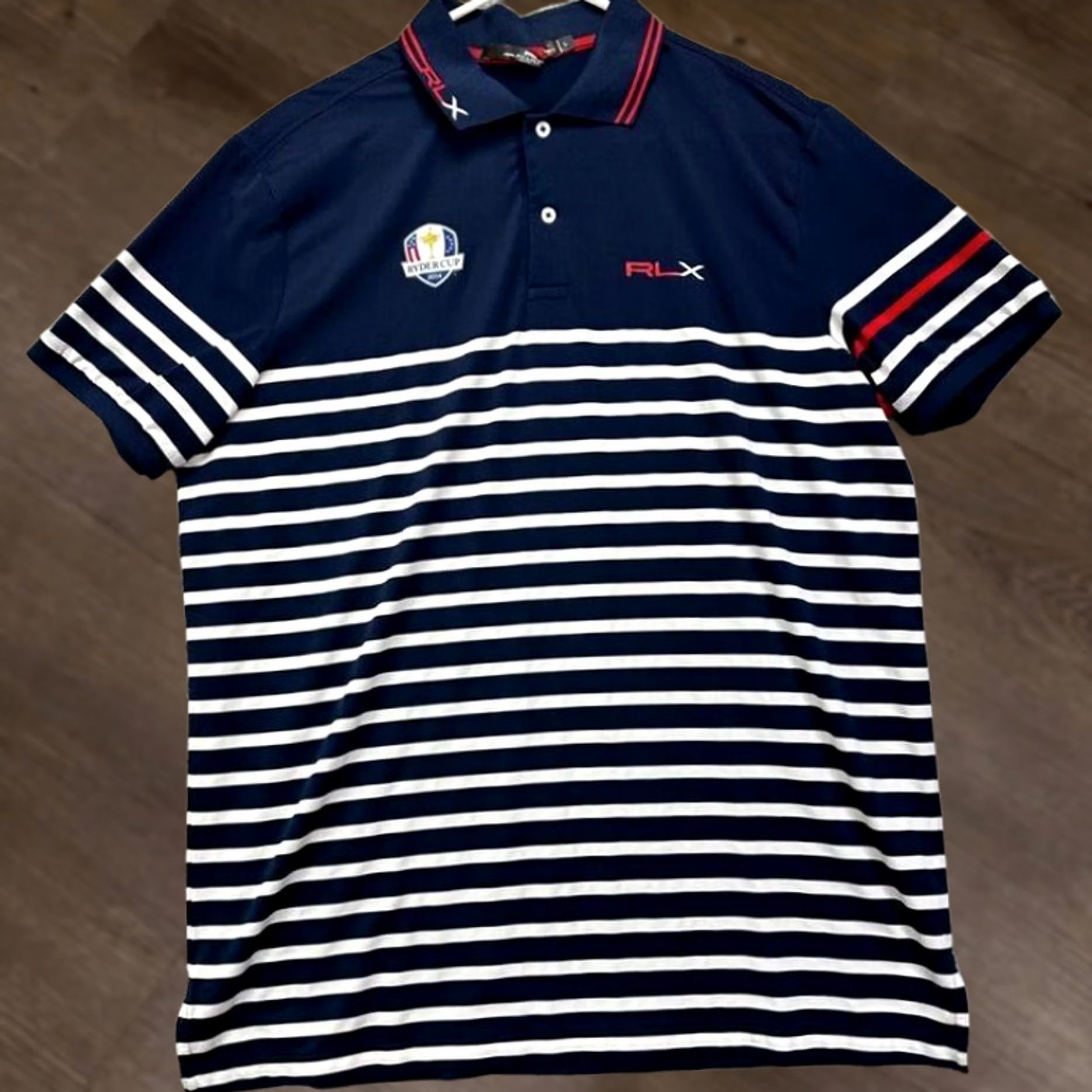 RLX Ralph Lauren RLX Ralph Lauren Golf Polo Shirt Mens Large Blue White Candy Stripes Rugby Button Collar Short Sleeve Athletic Breathable Stretch Size US L / EU 52-54 / 3 - 1 Thumbnail