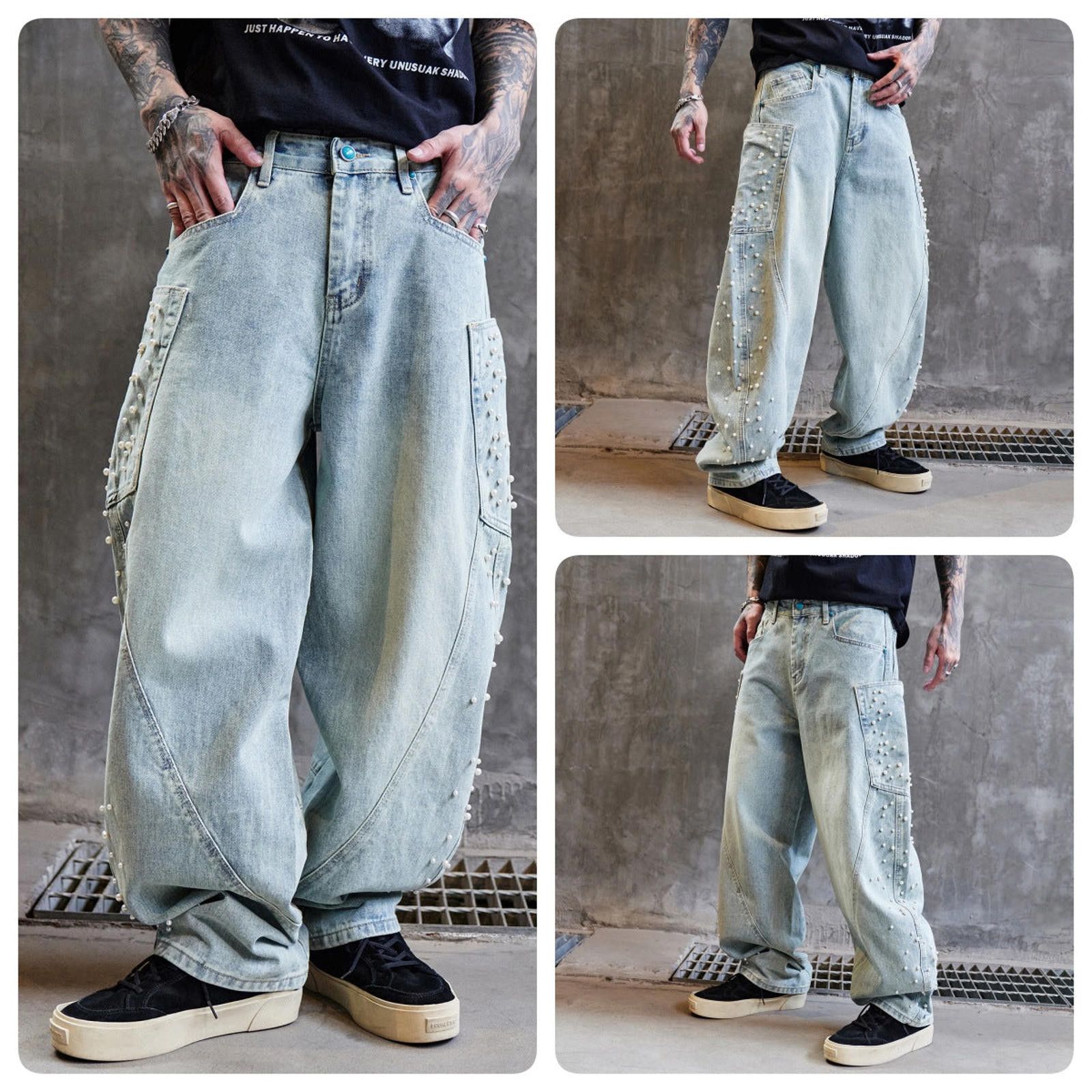 Japanese Brand Light Wash Relaxed Fit Pearl Embellished Jeans Size US 32 / EU 48 - 5 Thumbnail