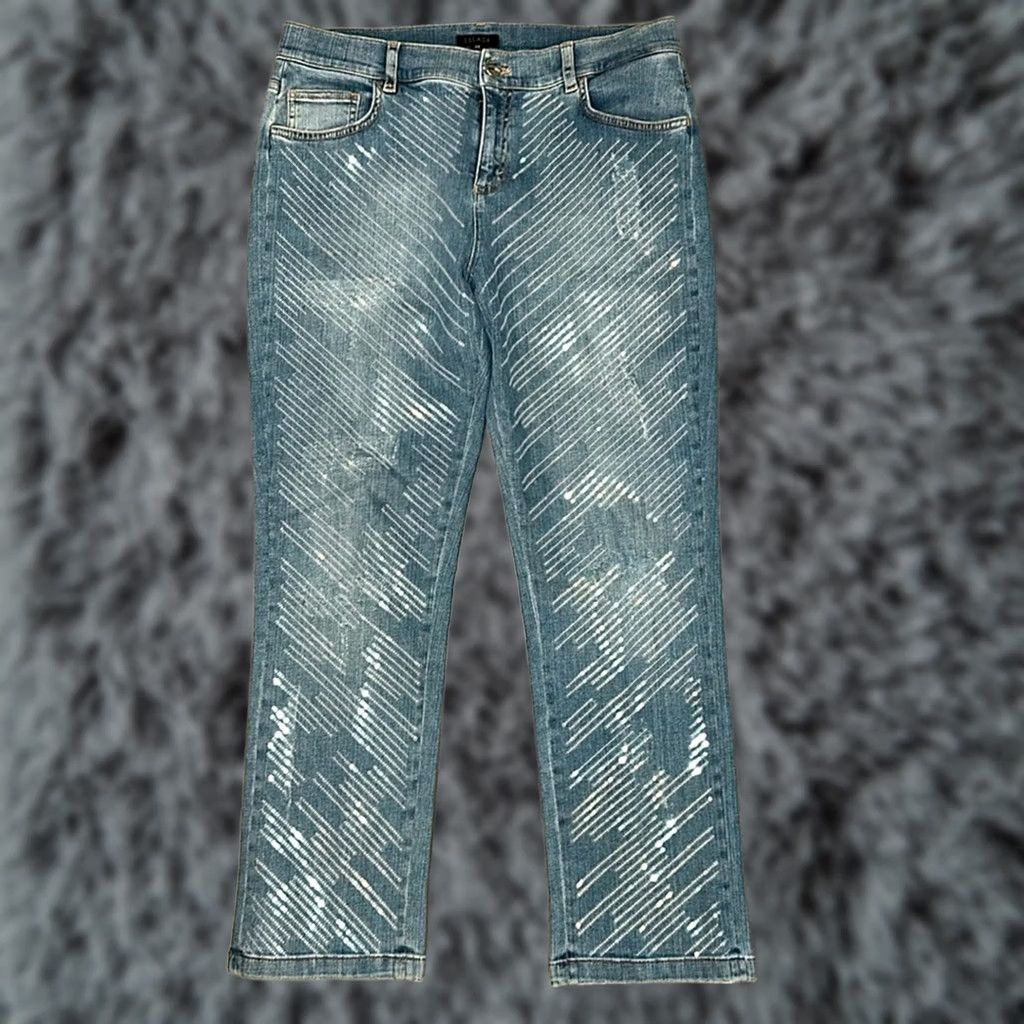 Escada ESCADA Jeans - 38 Women Sequined Blue Cotton Elastane Straight Regular 31 Inseam 27.5" 37.5" Rise 10" Leg Opening 7.5" Thigh 13" MS10568 Mens? Size 30" / US 8 / IT 44 - 1 Thumbnail