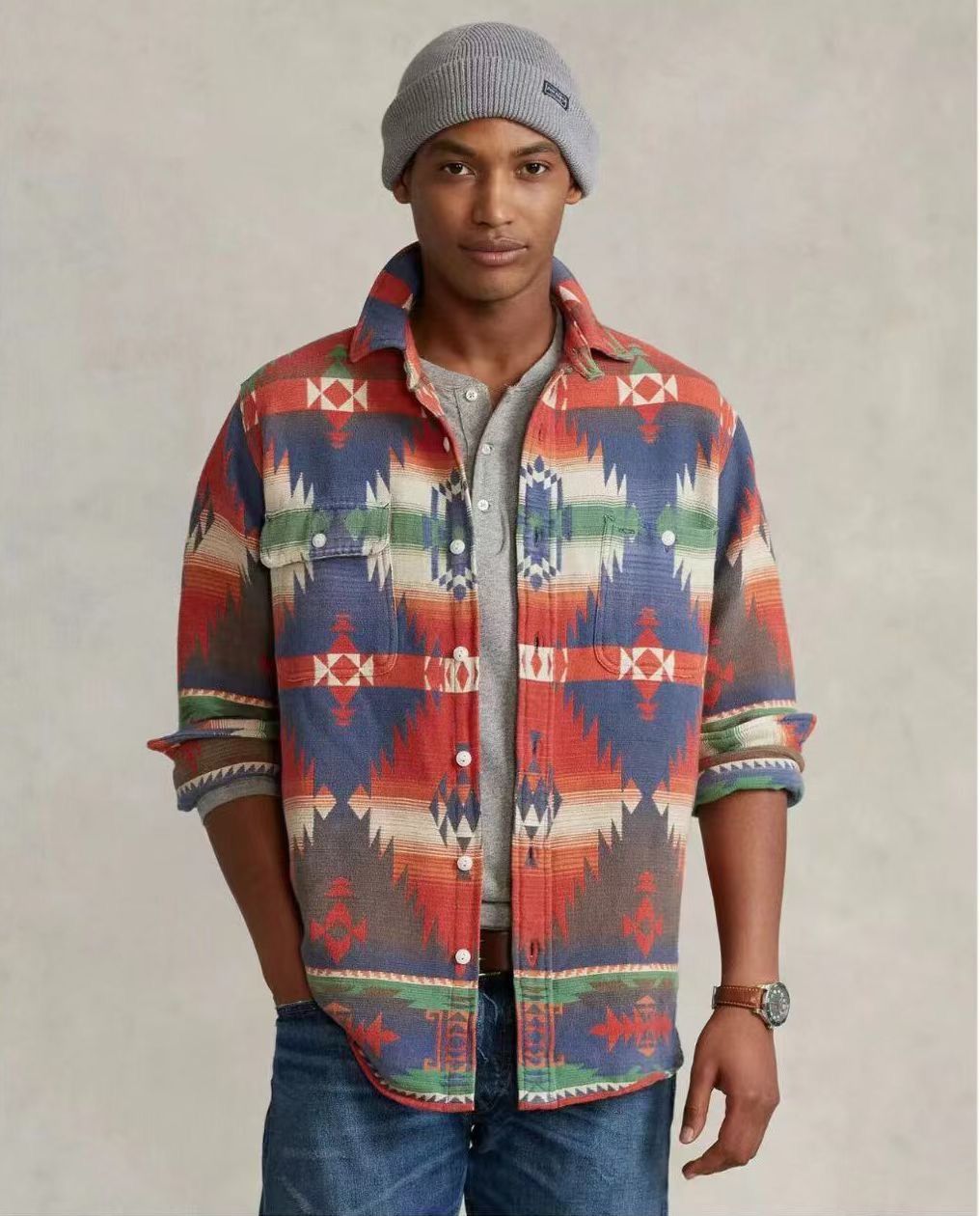 image of Polo Ralph Lauren Southwestern Jacquard Workshirt Button Shirt, Men's (Size 2XL)