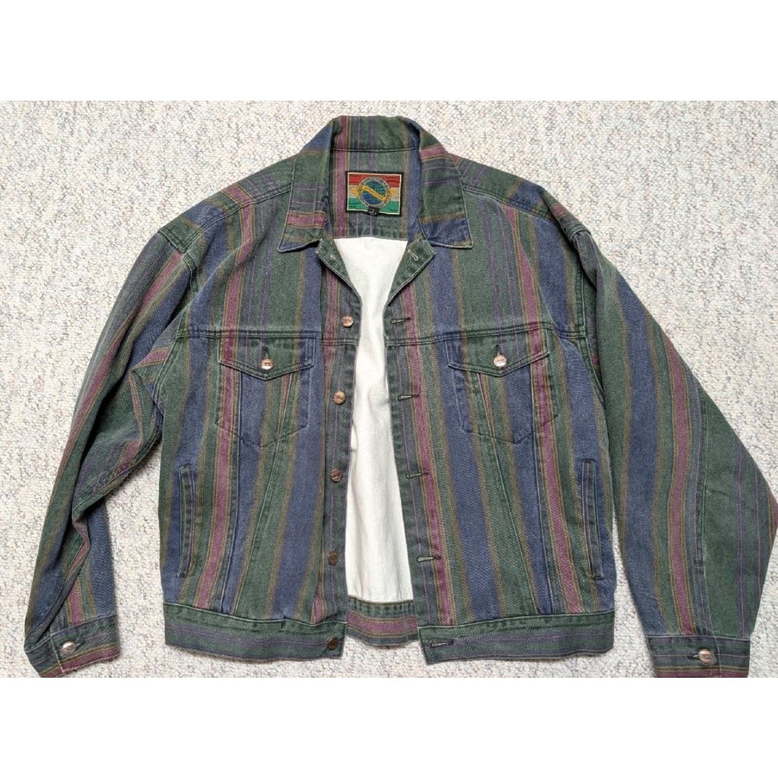 Denime VINTAGE Structure denim striped trucker jacket 1990s blue green Mens S denim jacket, striped, trucker, vintage, 1990s, Structure Mens S Size US 29 - 3 Thumbnail