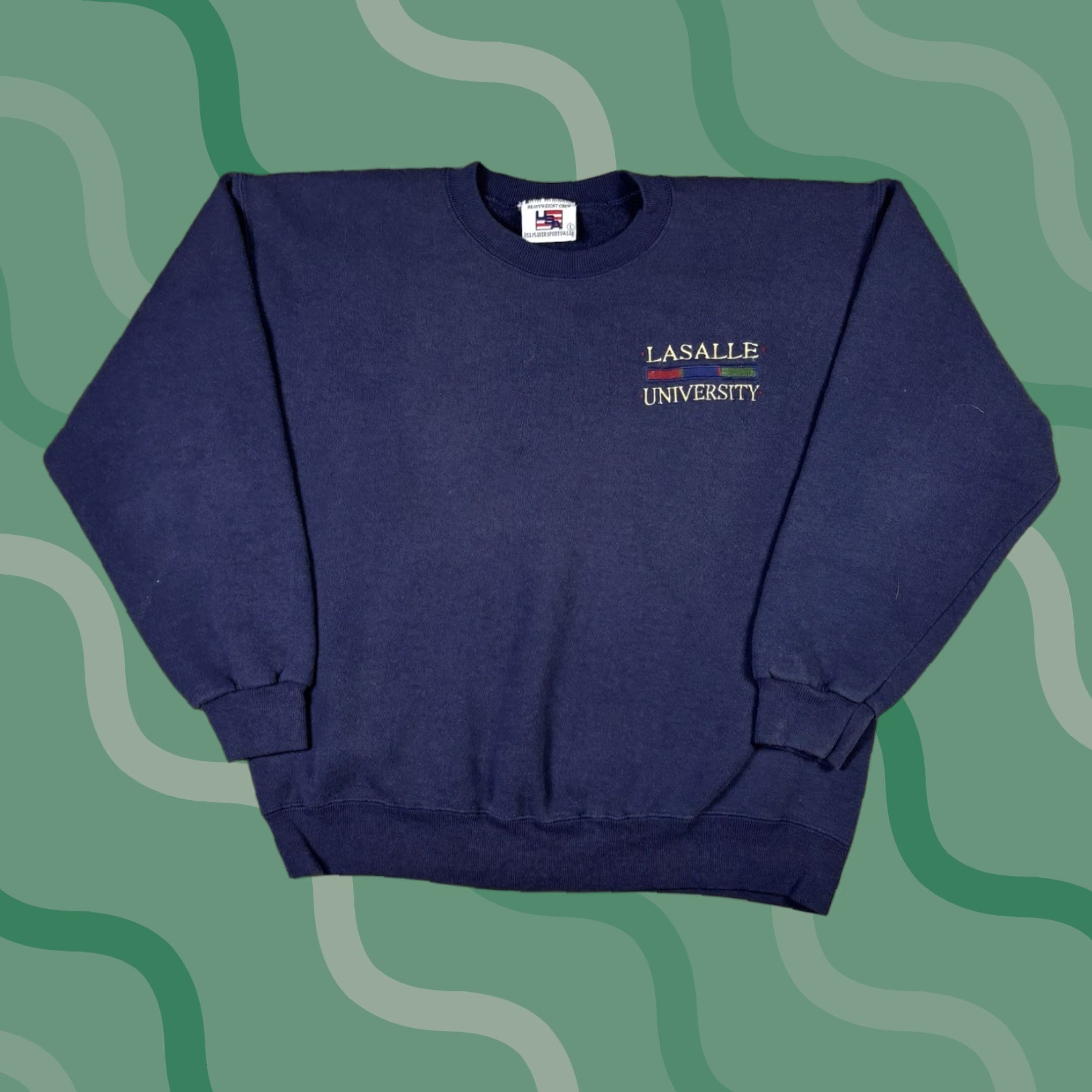 Logo 7 VINTAGE Lasalle University Embroidered Logo Pullover Crewneck Sweatshirt L Blue 90s Mens Sweatshirt Size US L / EU 52-54 / 3 - 1 Thumbnail