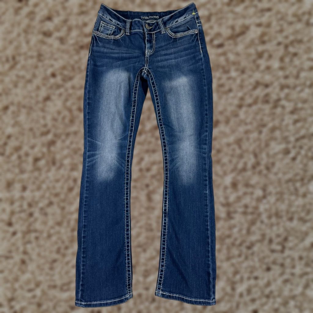 Vintage Maurices Jeans Women Bootcut Denim 26x29 Low Rise 3 Pockets Zipper Distressed Blue Cotton Size 26" / US 2 / IT 38 - 1 Thumbnail