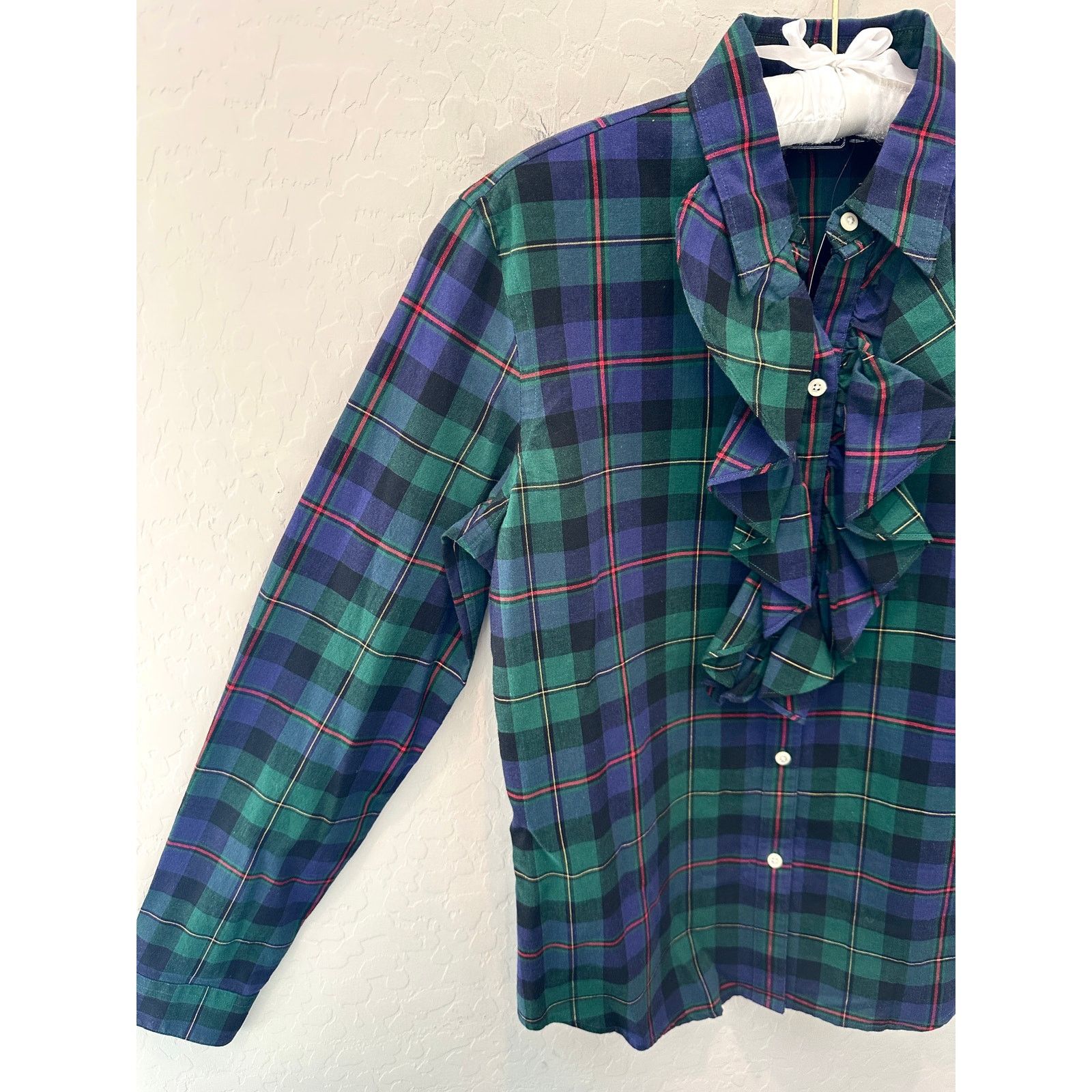 Other AMERICAN LIVING Green Plaid Tuxedo Ruffle Long Sleeve Top Size S / US 4 / IT 40 - 3 Thumbnail