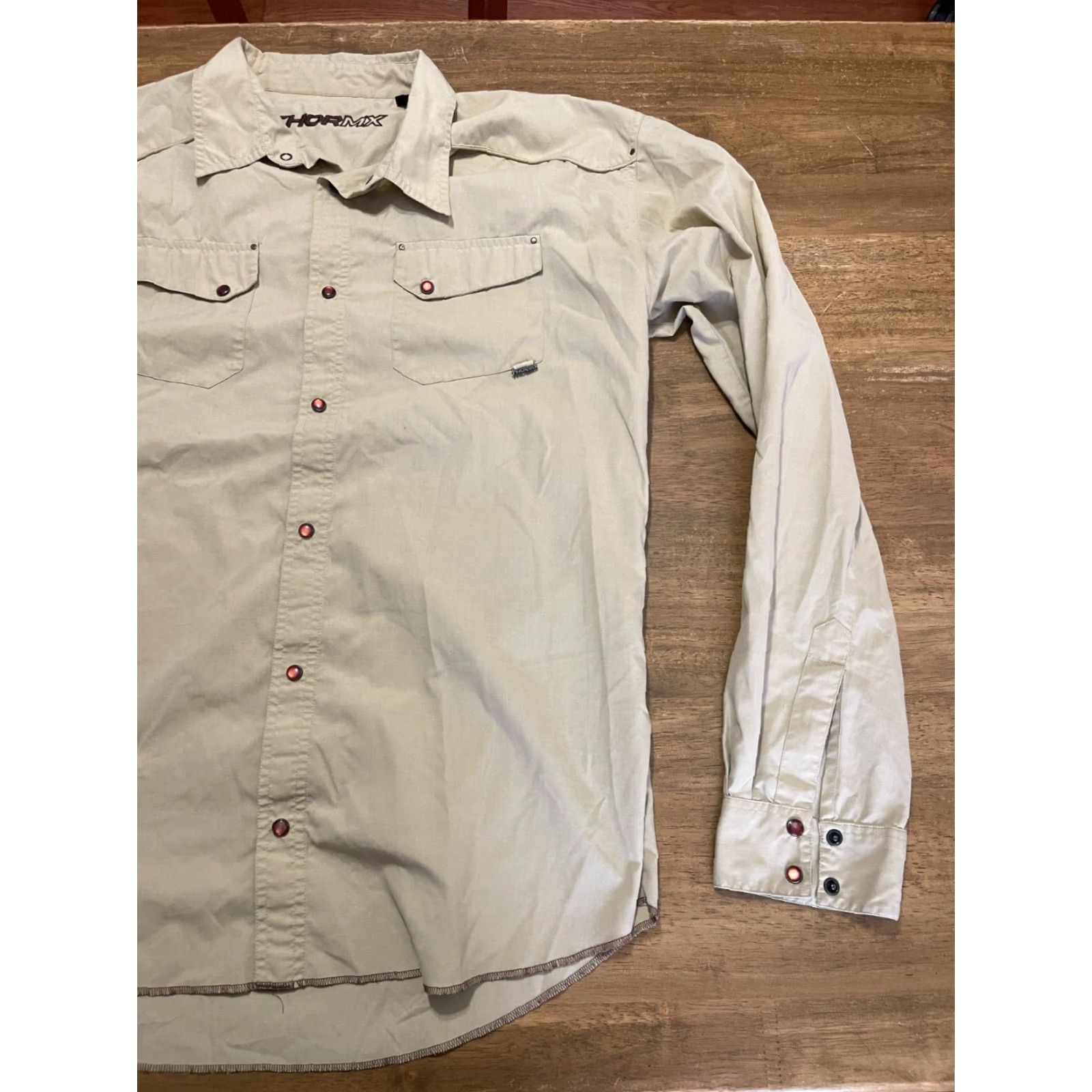 Vintage Thormx Shirt Mens Large Tan Button Up Long Sleeve Front Pockets Brown Solid Front Pockets Size US L / EU 52-54 / 3 - 4 Thumbnail