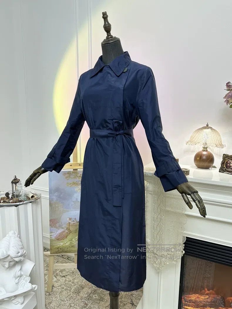 Hermes Hermes Vintage Silk Tie Belt Long Coat Jacket - Dark Blue Size S / US 4 / IT 40 - 5 Thumbnail