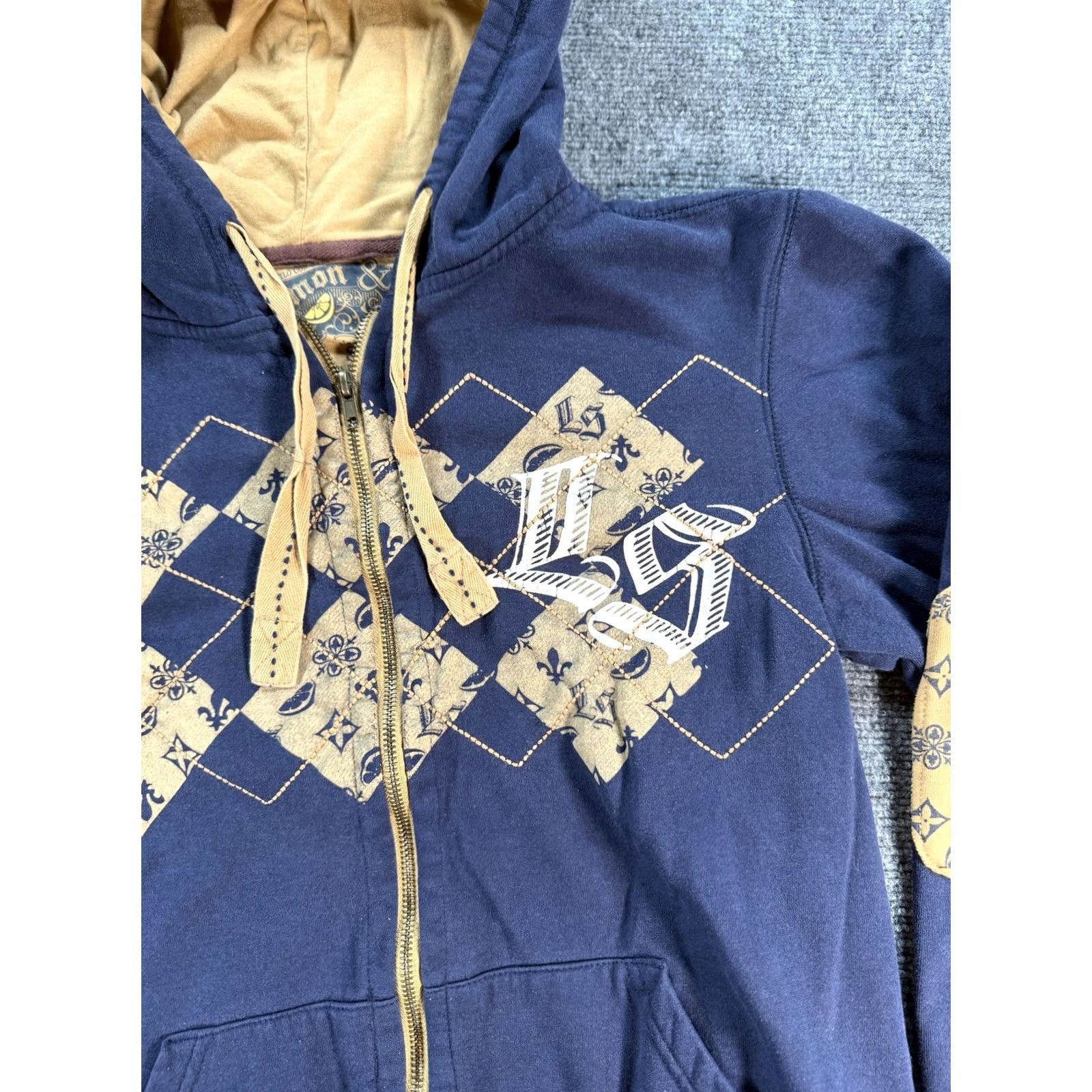 Vintage VINTAGE Limon & Sal Hoodie Mens S Navy Blue Tan Full Zip Argyle Elbow Patch Graphic Size US S / EU 44-46 / 1 - 2 Thumbnail