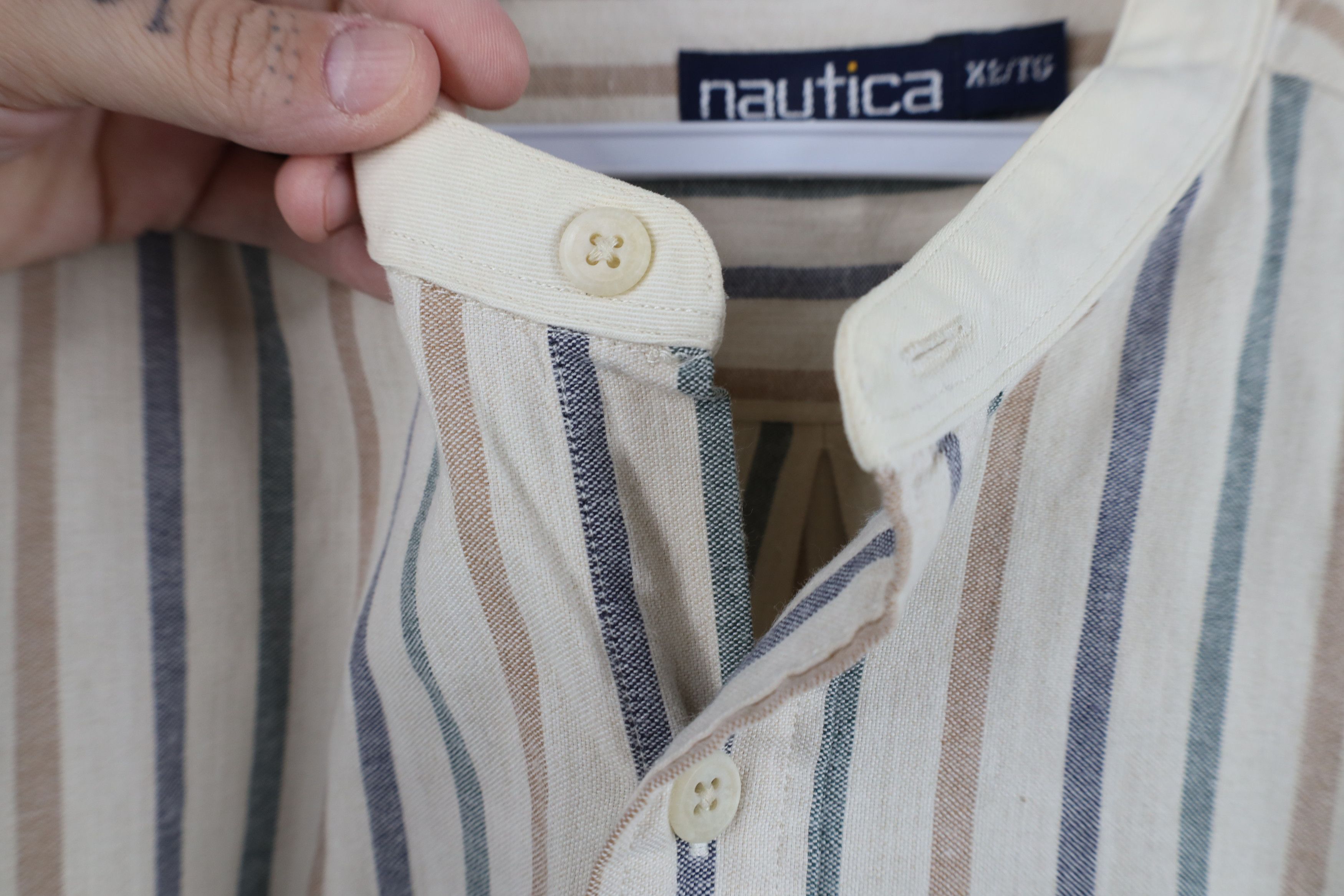 Nautica Vintage 90s Nautica Striped Band Collar Button Shirt Cotton Size US XL / EU 56 / 4 - 9 Thumbnail