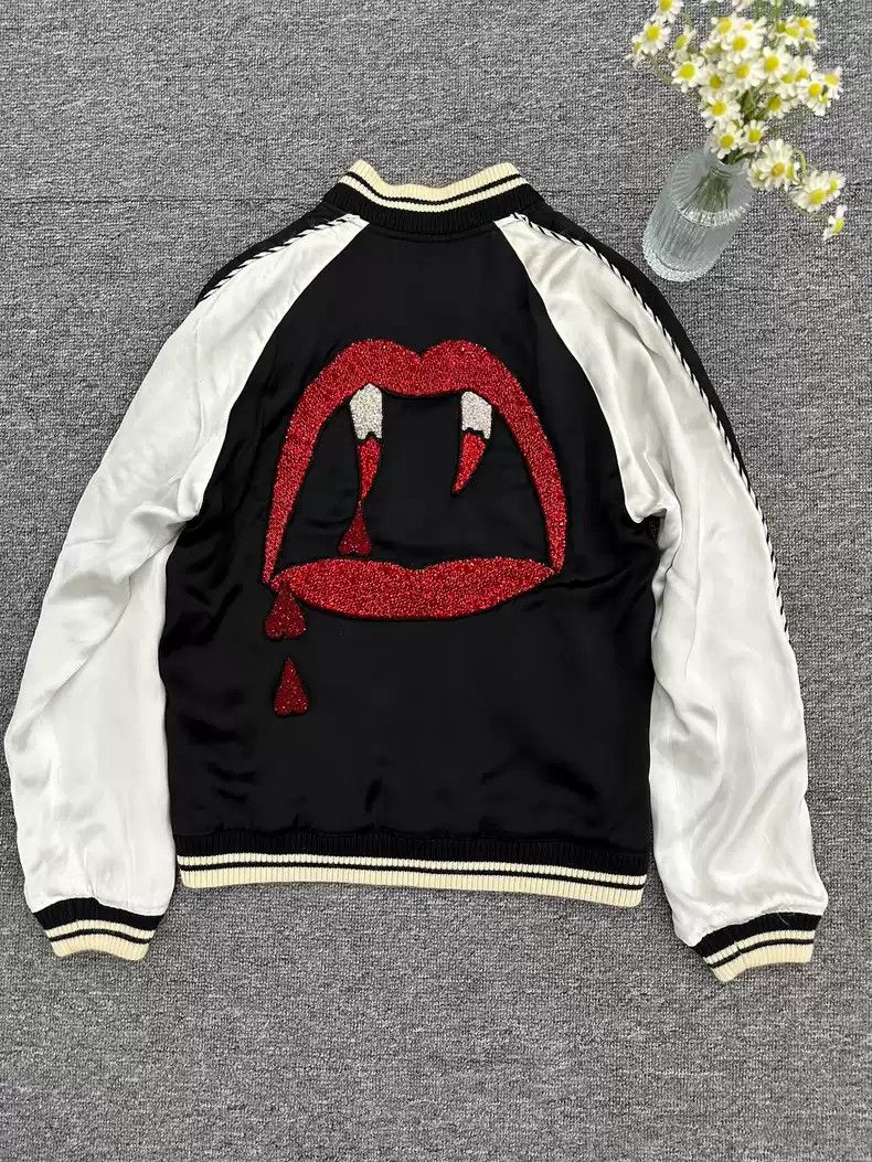 Saint Laurent Paris Saint Laurent Paris 14ss black and white blood tooth  silk baseball jacket | Grailed