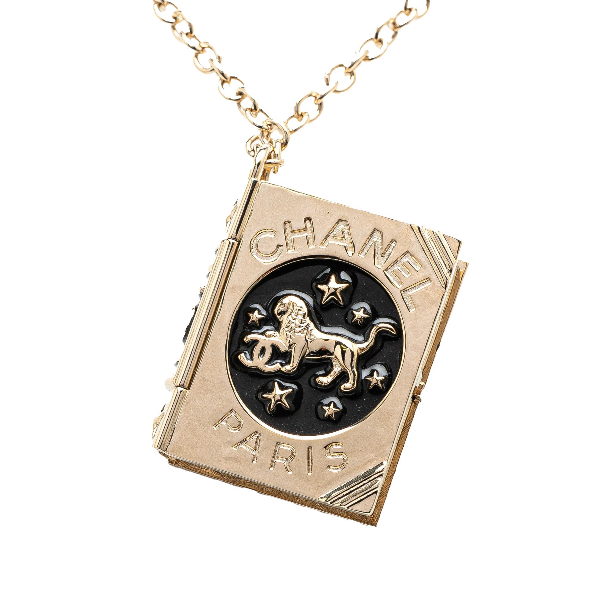 Chanel Gold Plated Enamel CC Lion Book Locket Pendant Necklace
