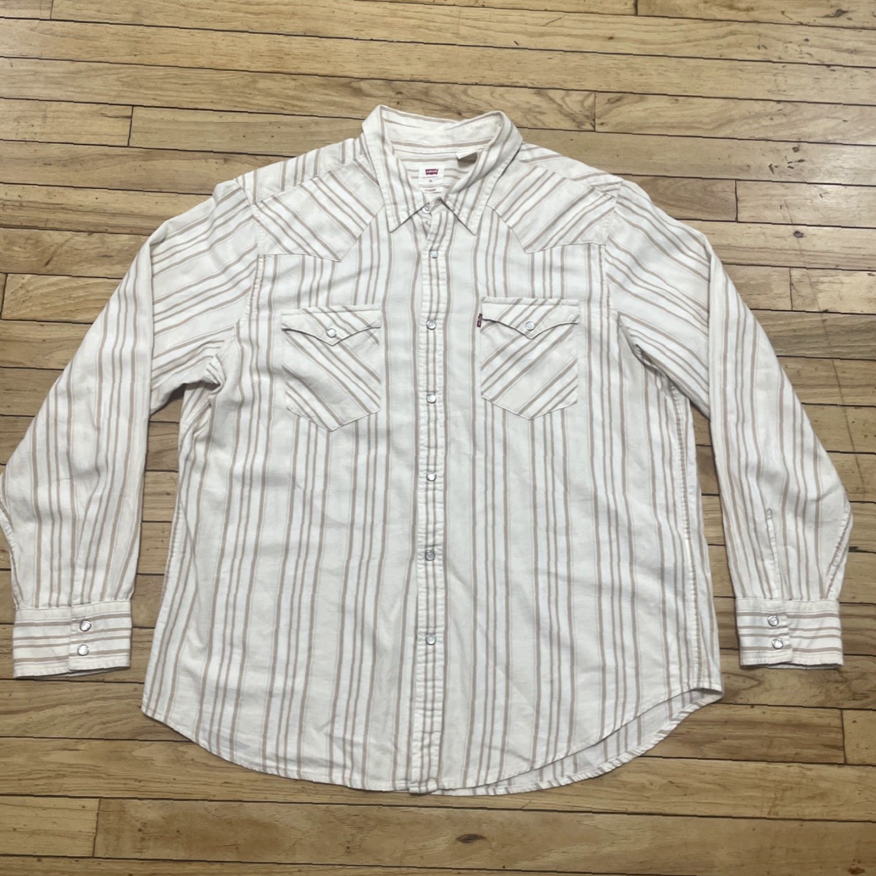 Levi's Levis Western Pearl Snap Cowboy Shirt Men XL Brown Cream Vertical Striped Capsule Size US XL / EU 56 / 4 - 3 Thumbnail