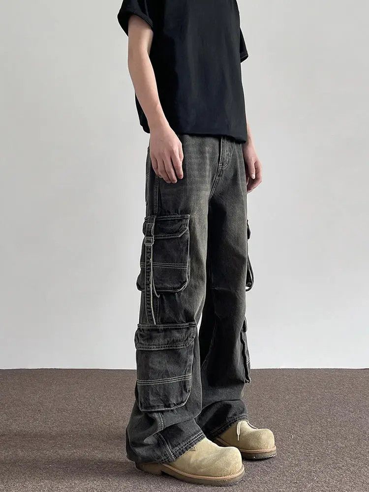 Jean Dark Faded Multi Pocket Denim Jeans Straps Size US 32 / EU 48 - 2 Thumbnail