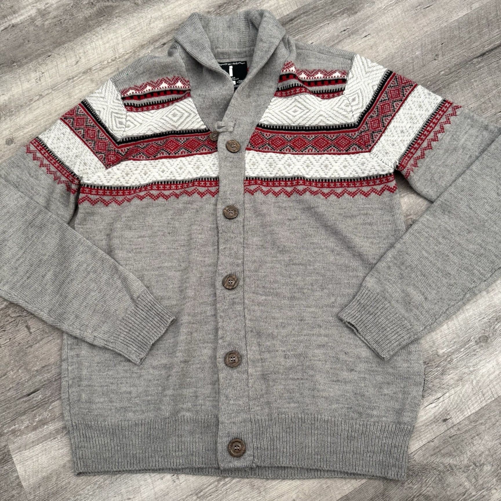 Vintage Buffalo I Jeans Cardigan Sweater Mens XL Gray Red Shawl Knit Christmas Holiday Shirt? Size US XL / EU 56 / 4 - 6 Thumbnail