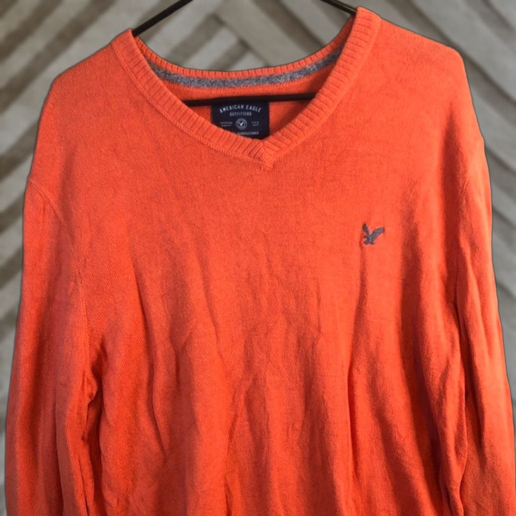 American Eagle Outfitters American Eagle Outfitters Mens Sweater Orange V Neck Pullover 100% Cotton XLT Size US XL / EU 56 / 4 - 1 Thumbnail