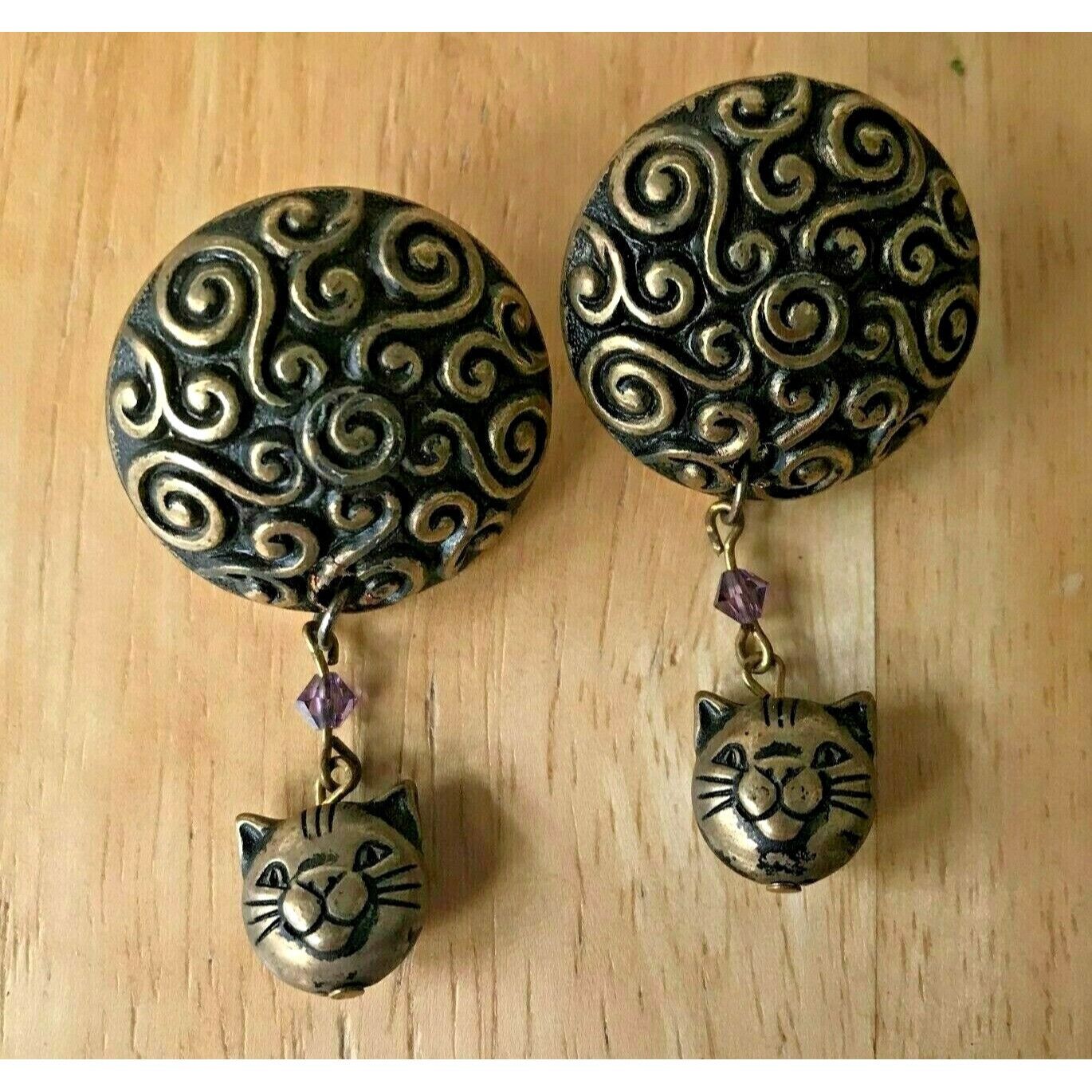 Handmade × Vintage Cat Earrings Handmade Vintage Purple Crystals Kitty Lover On Size ONE SIZE - 5 Thumbnail