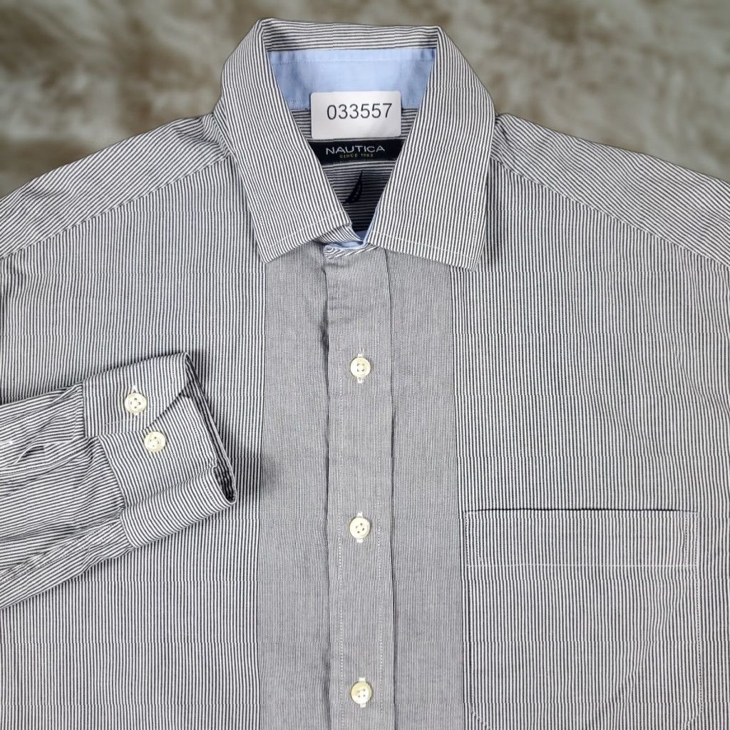 Nautica Nautica Gray Striped Dress Shirt Mens 15 Long Sleeve Button Up Classic Casual Size 40R - 1 Thumbnail