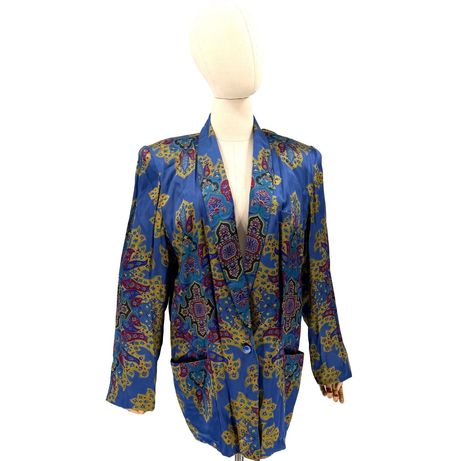 Liz Claiborne Vintage 80s Blue Purple Satin Smoking Jacket Blazer Size XL / US 12-14 / IT 48-50 - 1 Thumbnail
