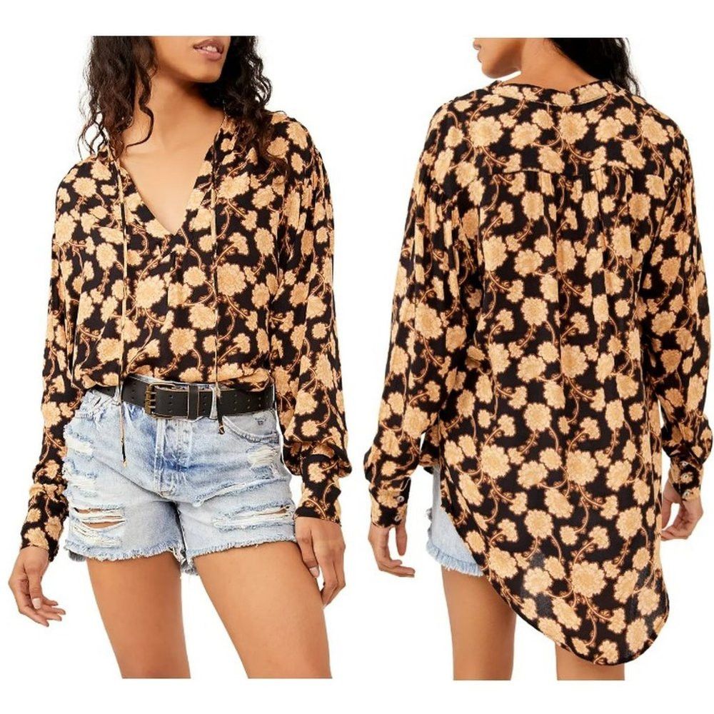 NWT New $128 Free People Mia Floral Print Tie Neck Tunic To