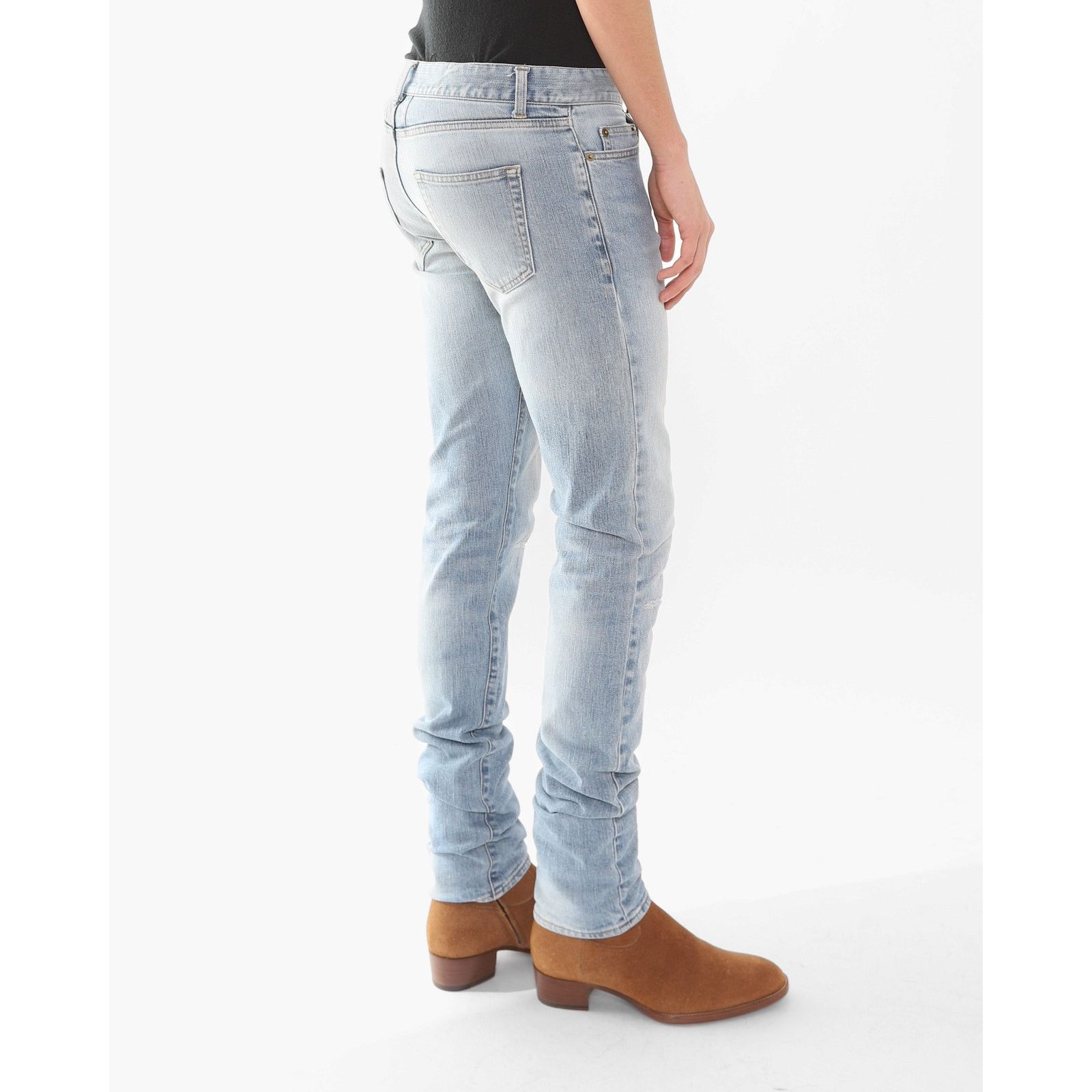 Saint Laurent Paris FW16 Patched Knee Skinny Jeans in Light Washed Denim Size US 31 - 4 Thumbnail