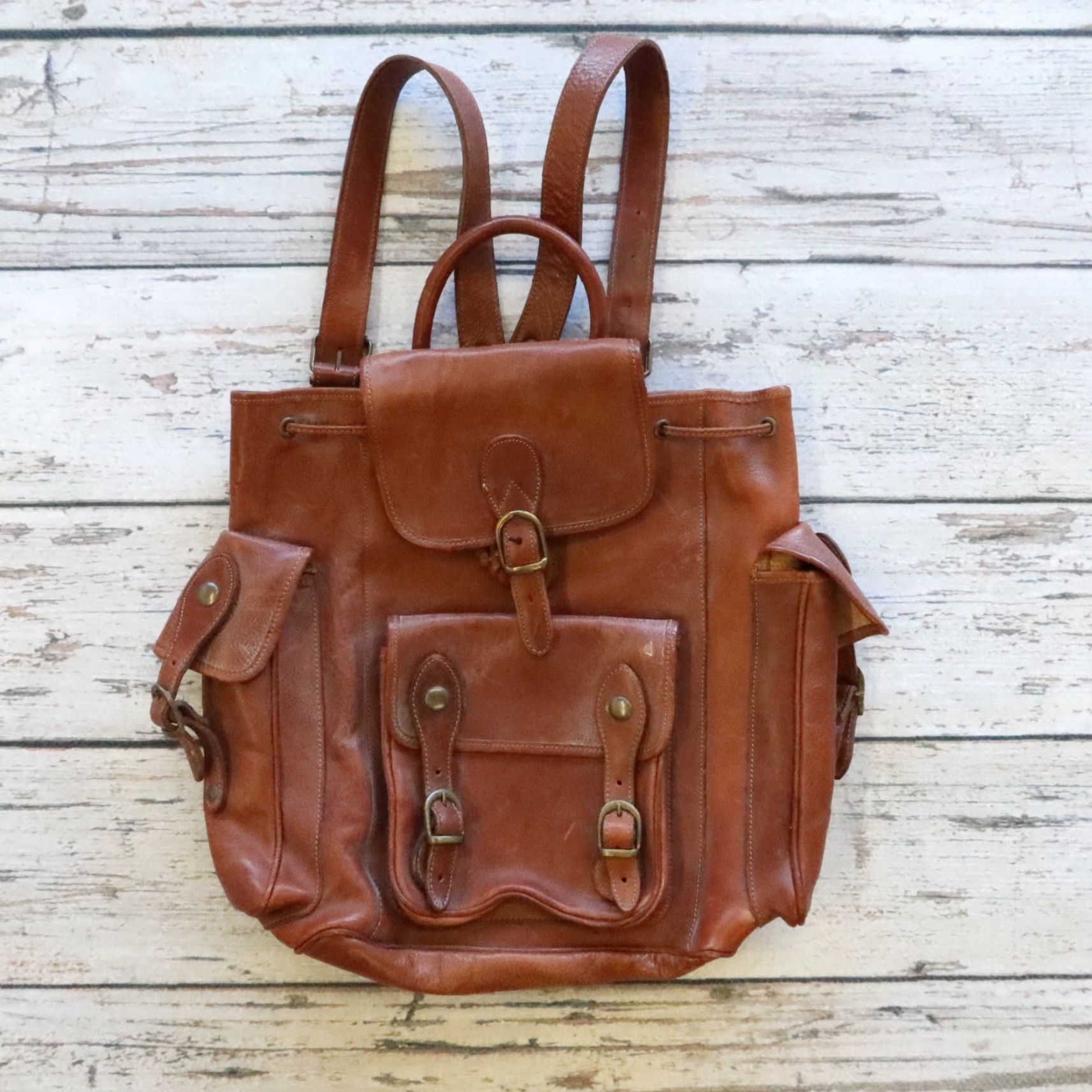 Vintage VINTAGE Leather Rucksack Backpack Men Brown 11 1/2" 16" - Size: See measurement Plaid Lining Back to Vintage Leather Rucksack Backpack Size ONE SIZE - 2 Thumbnail