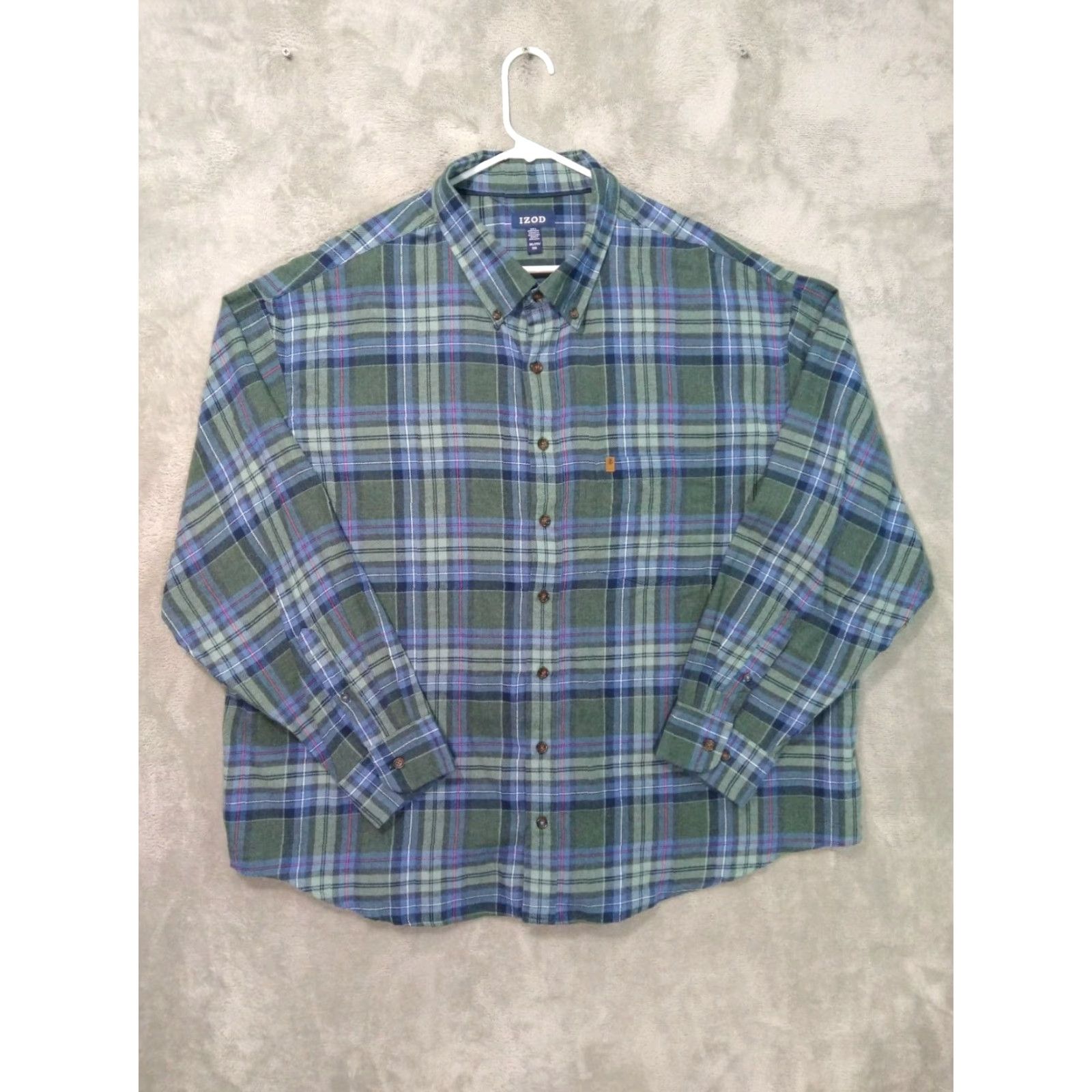 Izod Izod Mens Button-Up Shirt 3XL Green Plaid Flannel Blue Cotton Long Sleeve Casual Size US XXL / EU 58 / 5 - 2 Thumbnail