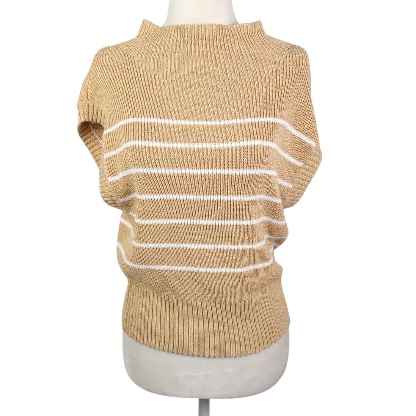 Vintage Maeve Anthropologie Tan White Stripe Amara Mockneck Sleeveless Sweater Vest XS Ladies Vest Striped Knit Cotton Casual XS Women Size XS / US 0-2 / IT 36-38 - 2 Thumbnail