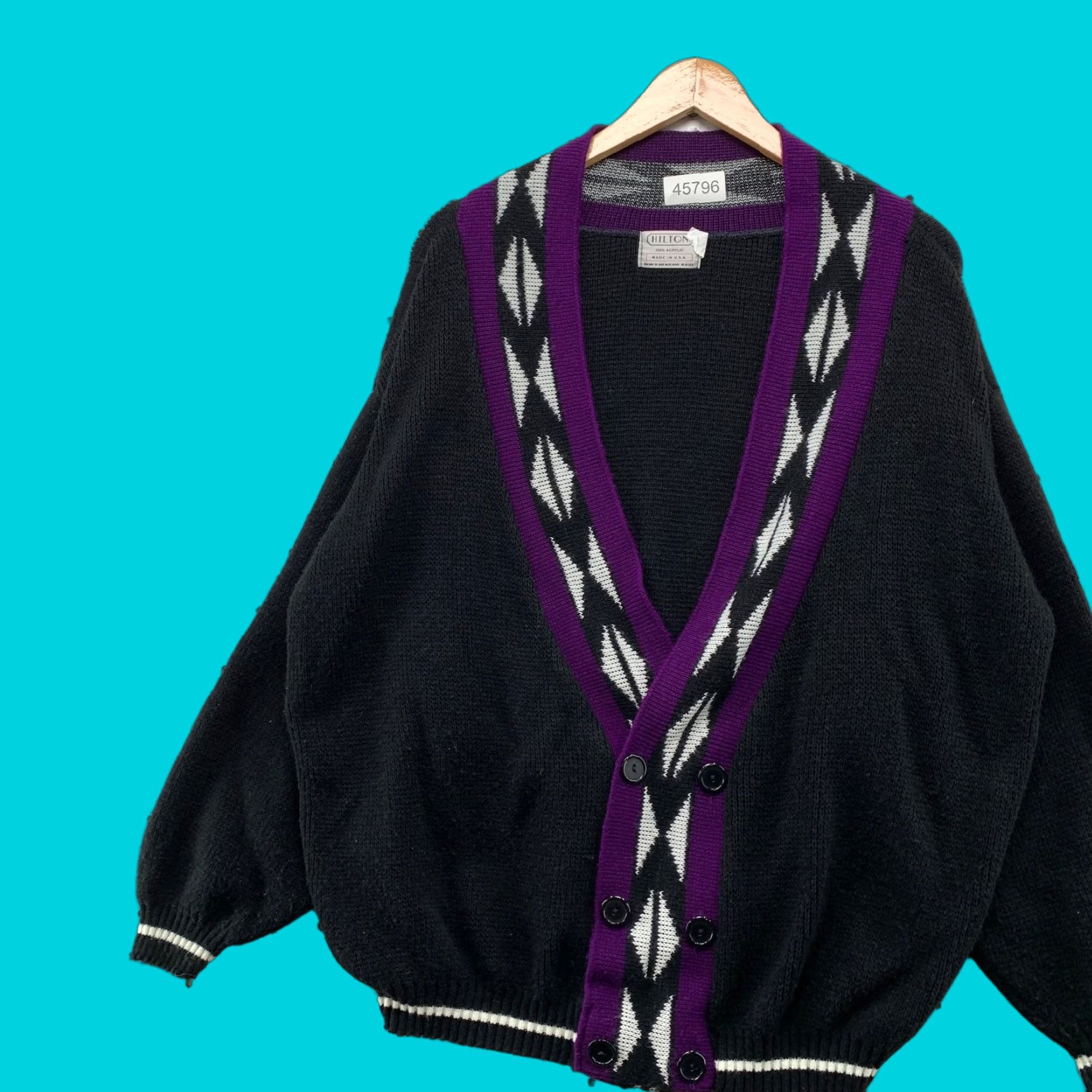 VINTAGE Hilton Sweater Cardigan Mens XL Black Purple Acrylic Mader USA Grandpa