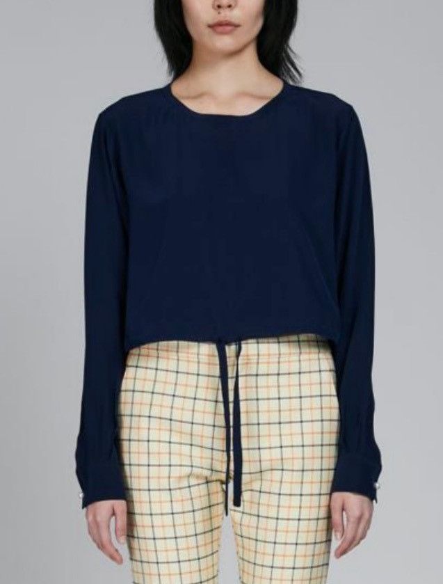Marni o1f1d3z0326 Drawstring-Hem Cropped Silk Blouse in Blue Size XL / US 12-14 / IT 48-50 - 2 Thumbnail