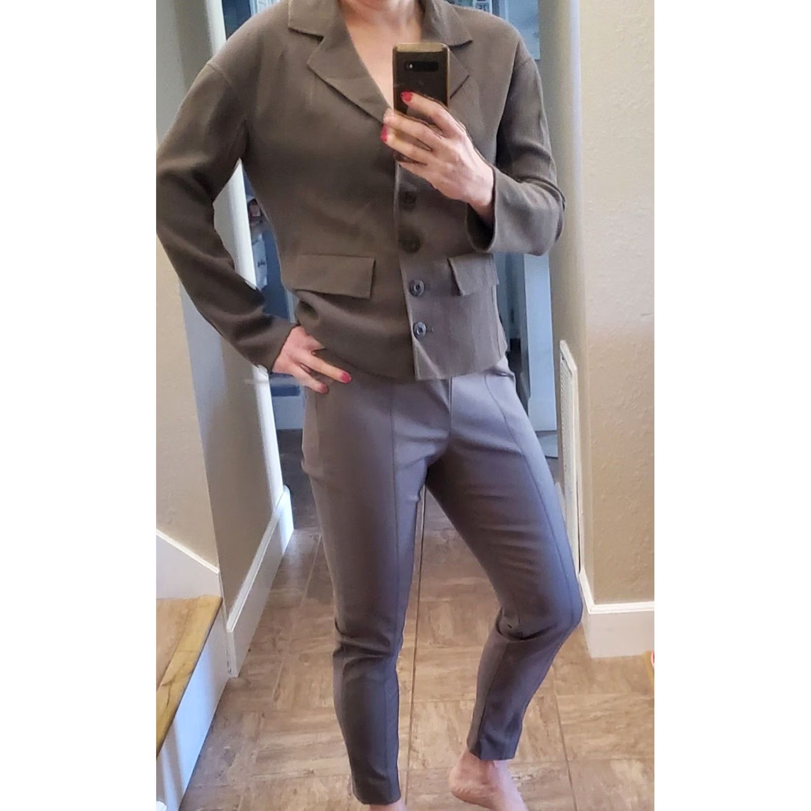 St. John St. John 2Pc Olive Military Green Jacket Blazer Stretch Pants Set 6 Cotton Wool Knit Style Solid Pattern Suit S 局 Size 28" / US 6 / IT 42 - 5 Thumbnail