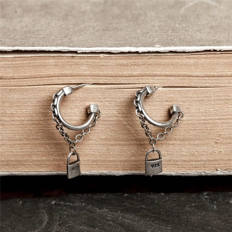 Jewelry Tassel Lock Chain Stud Earrings 925 Sterling Silver Gift Size ONE SIZE - 1 Thumbnail