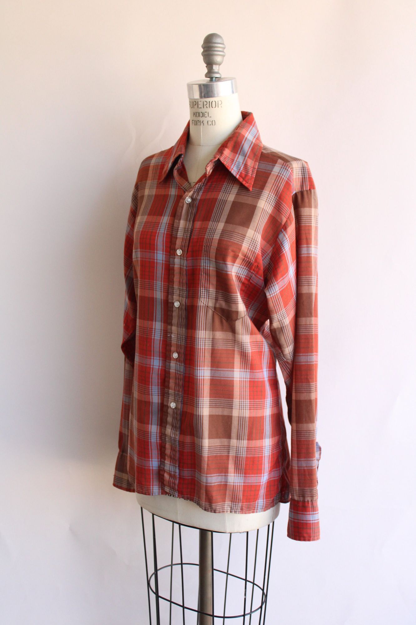 Vintage Vintage 1970s Shirt, Viking Dagger Collar Orange Plaid Trata Size L / US 10 / IT 46 - 7 Thumbnail