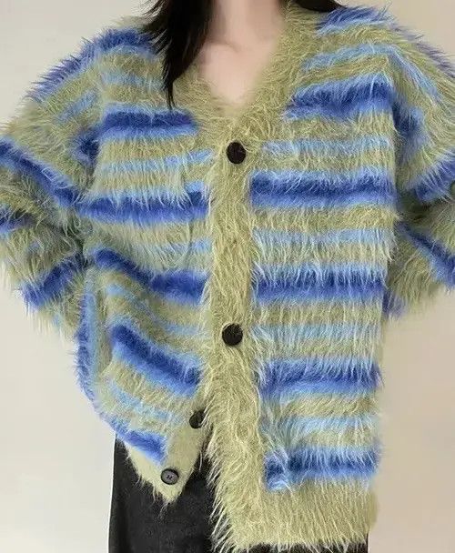 Japanese Brand × Vintage V-neck Striped Green Cardigan Size L / US 10 / IT 46 - 1 Thumbnail