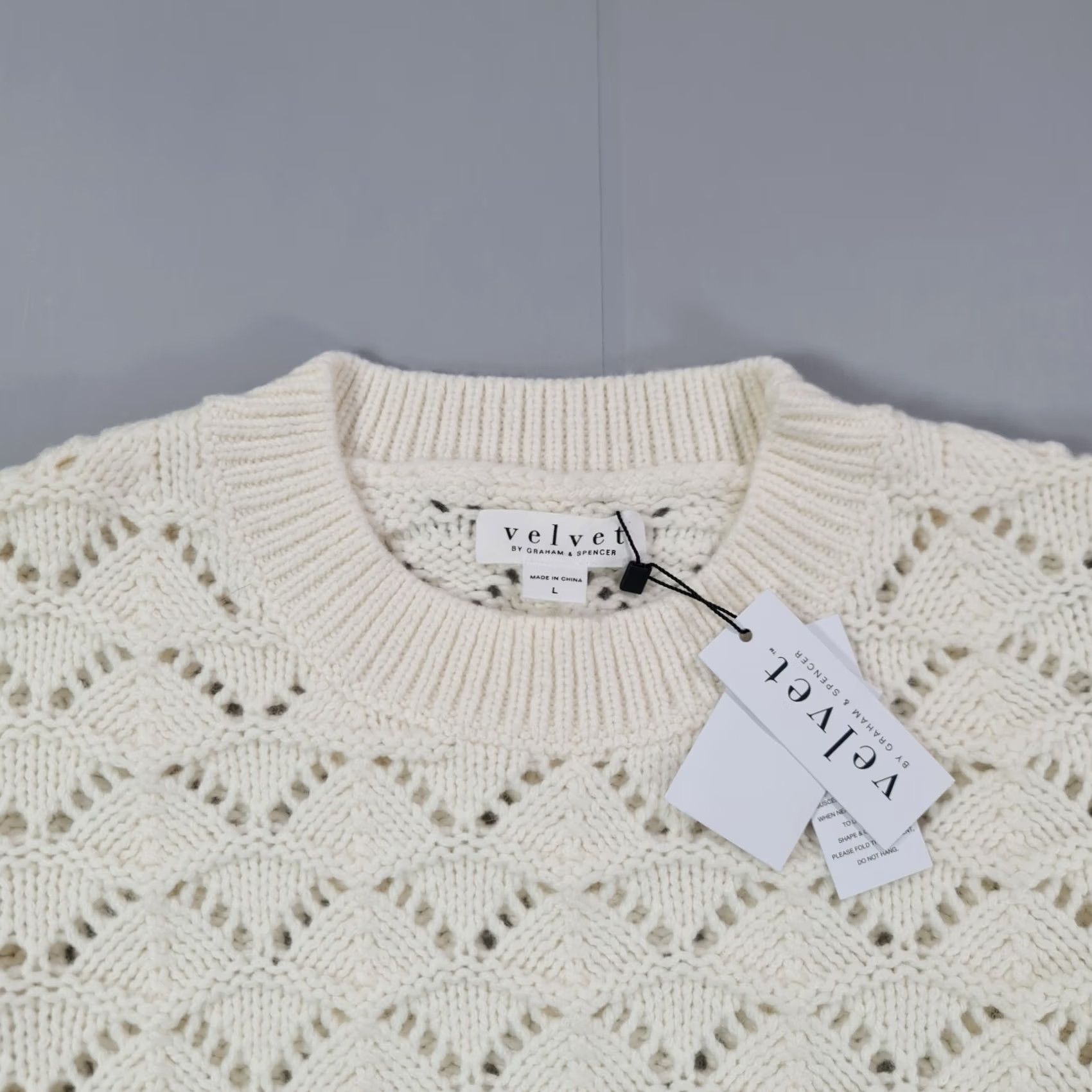 Velvet Velvet by Graham & Spencer Jumper Womens Ivory Open-Knit Pullover Crew Neck Long Sleeve Large Nola Novelty Pointelle Knit Pullover Size L / US 10 / IT 46 - 2 Thumbnail