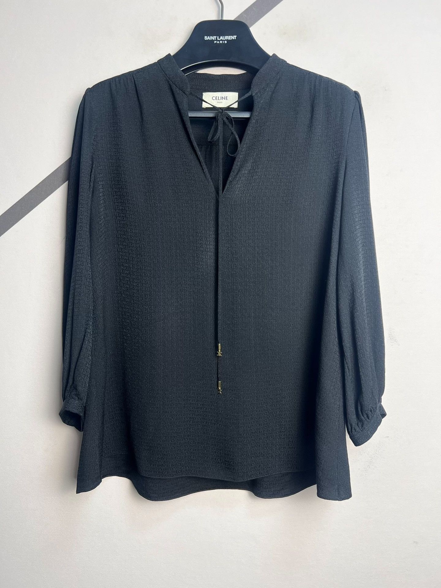 Celine Celine Matte Black Silk Logo Shirt Size XS / US 0-2 / IT 36-38 - 1 Thumbnail