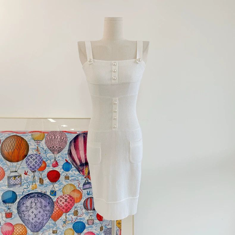 CHANEL White Knit Strap Dress with Stains- DMC