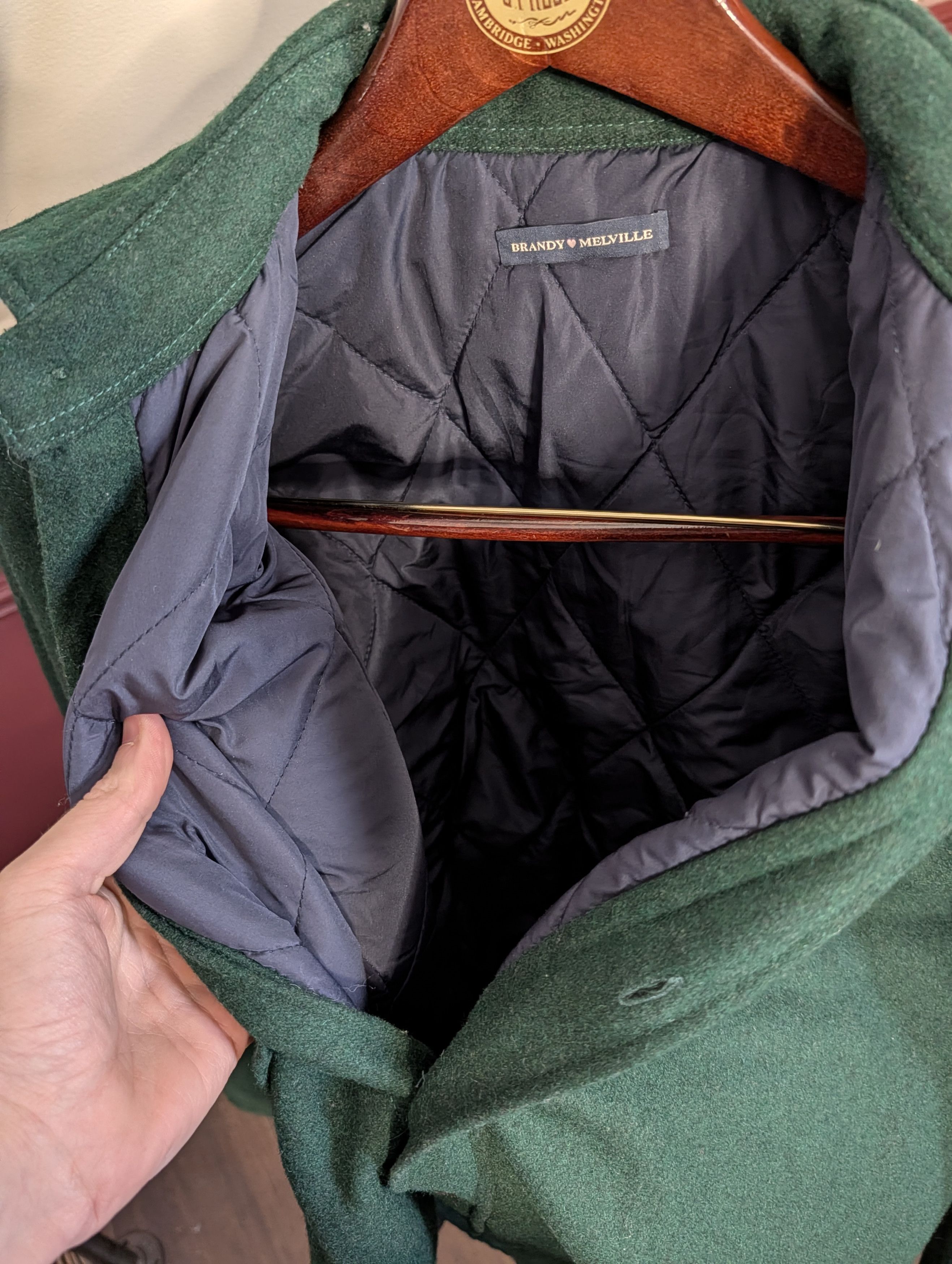 Brandy Melville Green wool quilted lining boyfriend fit short jacket Size ONE SIZE - 9 Thumbnail