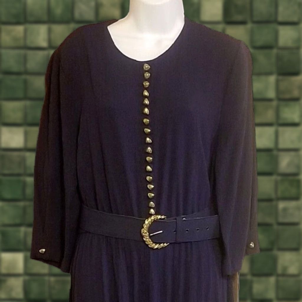 VINTAGE Impulsive Women's Dress Midi 3/4 Sleeve Navy Belted Buttons M