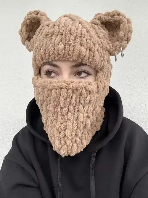 Anime Bear ski mask . Winter balaclava . Ears hat knitted handmade Size ONE SIZE - 2 Thumbnail